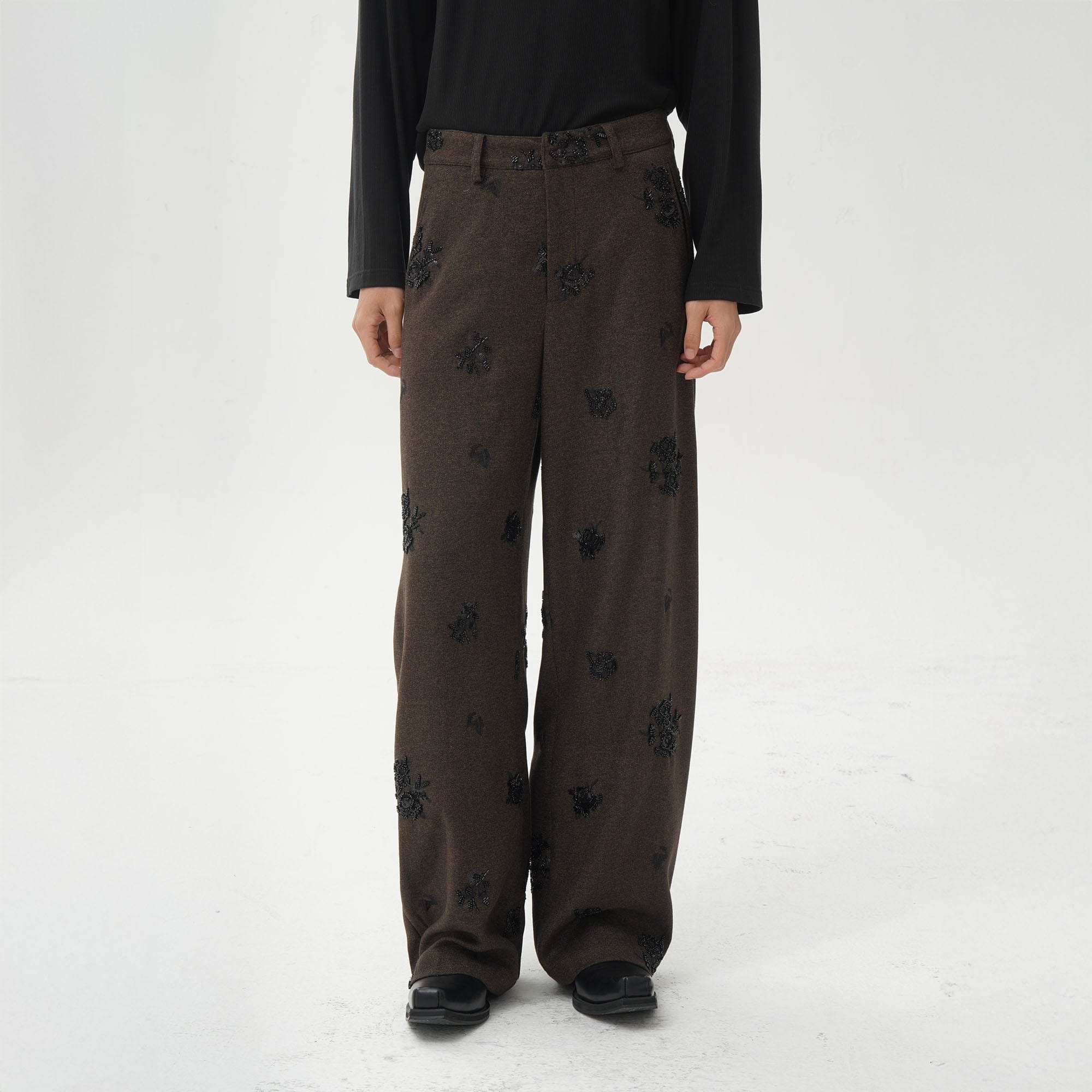ORAL UTOPIA Embellished Sequin Embroidery Curved Pants, premium urban and streetwear designers apparel on PROJECTISR.com, ORAL UTOPIA