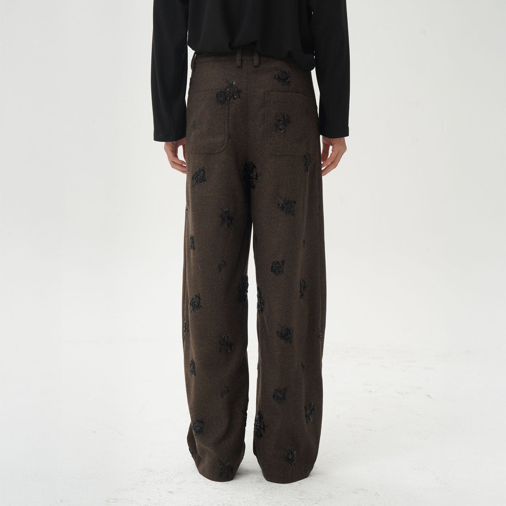 ORAL UTOPIA Embellished Sequin Embroidery Curved Pants, premium urban and streetwear designers apparel on PROJECTISR.com, ORAL UTOPIA