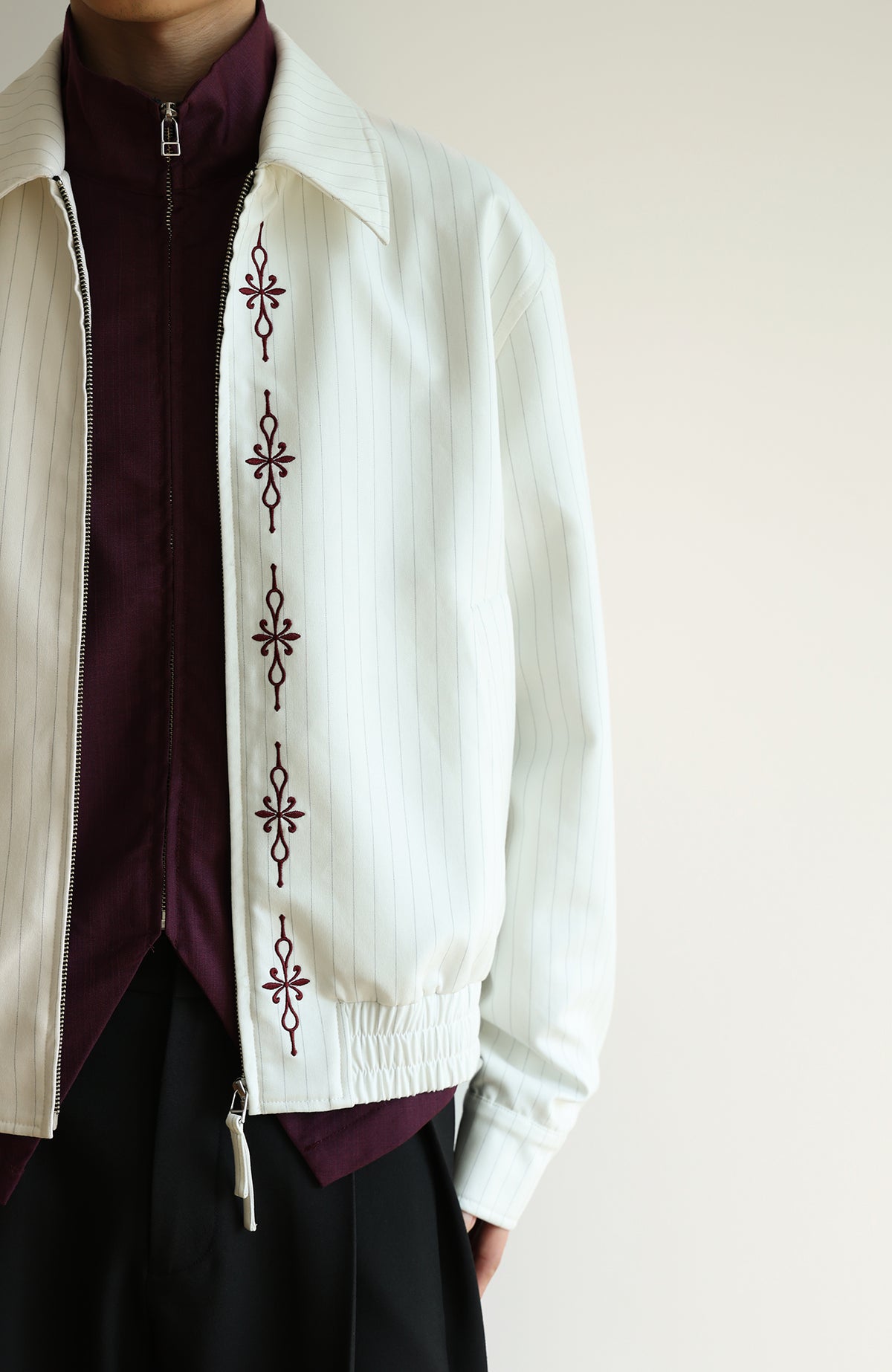 OKAYTHXBYE Cross-Stitch Embroidered Contrast Button Lapel Zip Jacket
