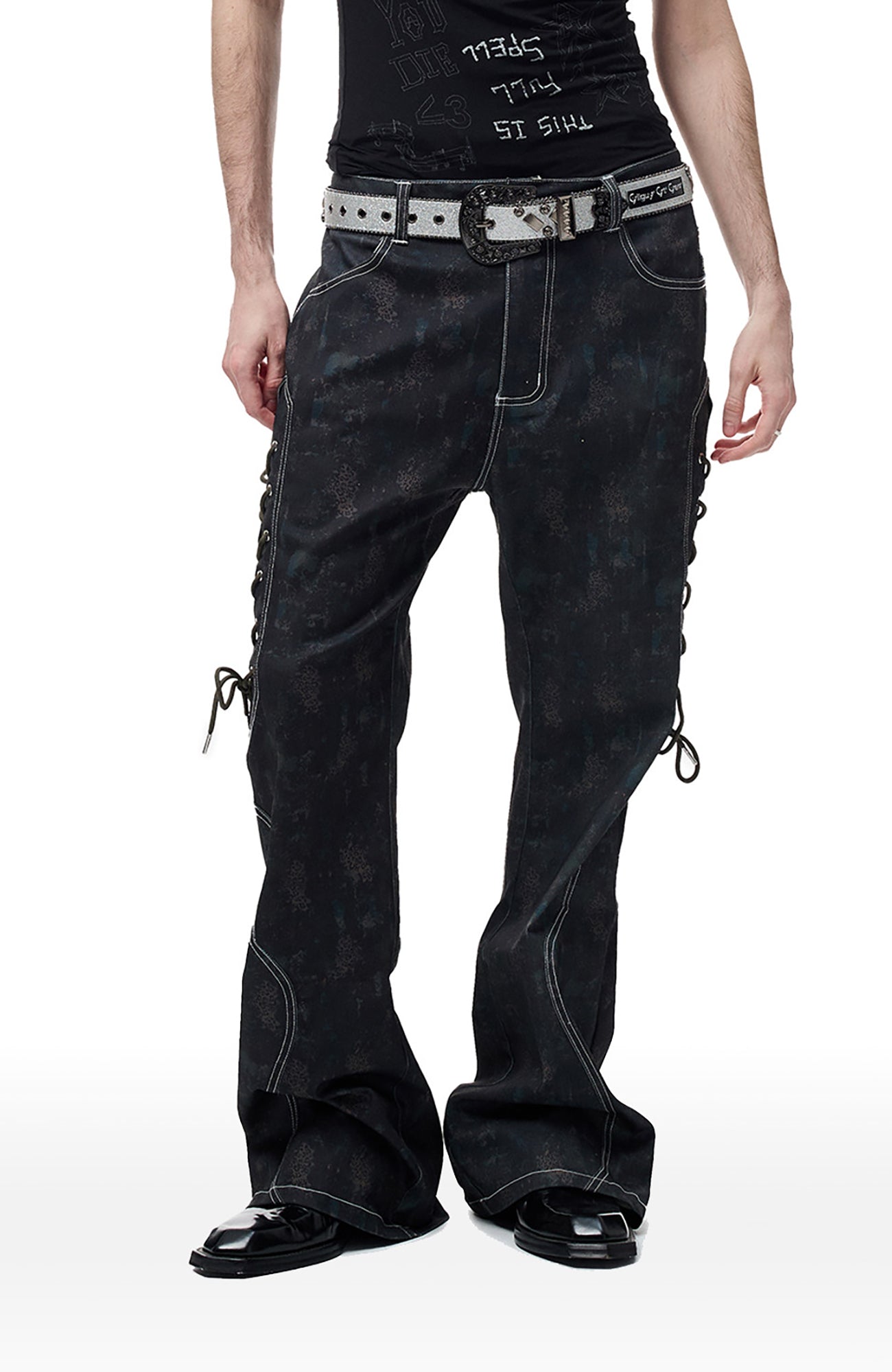 CYCYCY Bar Studded Filigree Leather Belt Gray