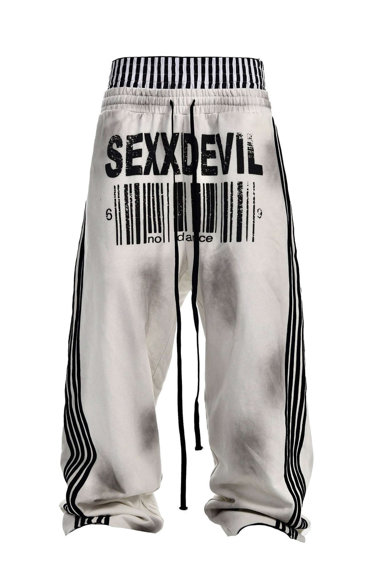 SEXXDEVIL Striped Embroidered Paint-Splattered Sweatpants