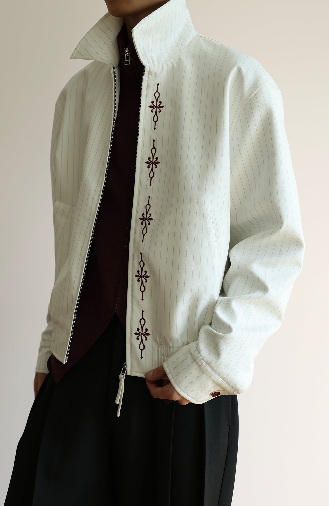 OKAYTHXBYE Cross-Stitch Embroidered Contrast Button Lapel Zip Jacket
