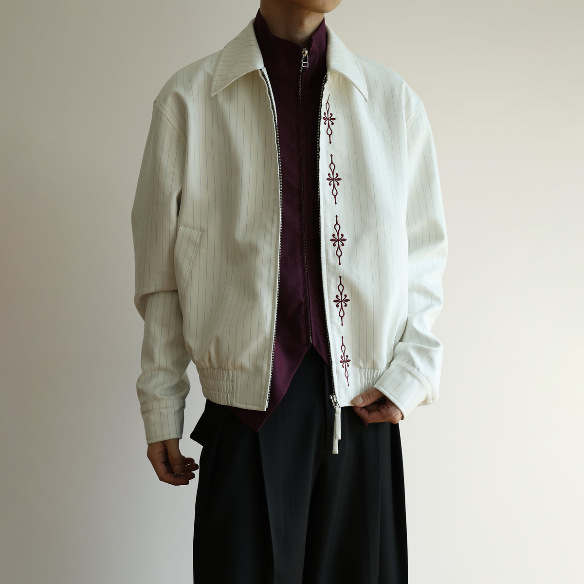 OKAYTHXBYE Cross-Stitch Embroidered Contrast Button Lapel Zip Jacket