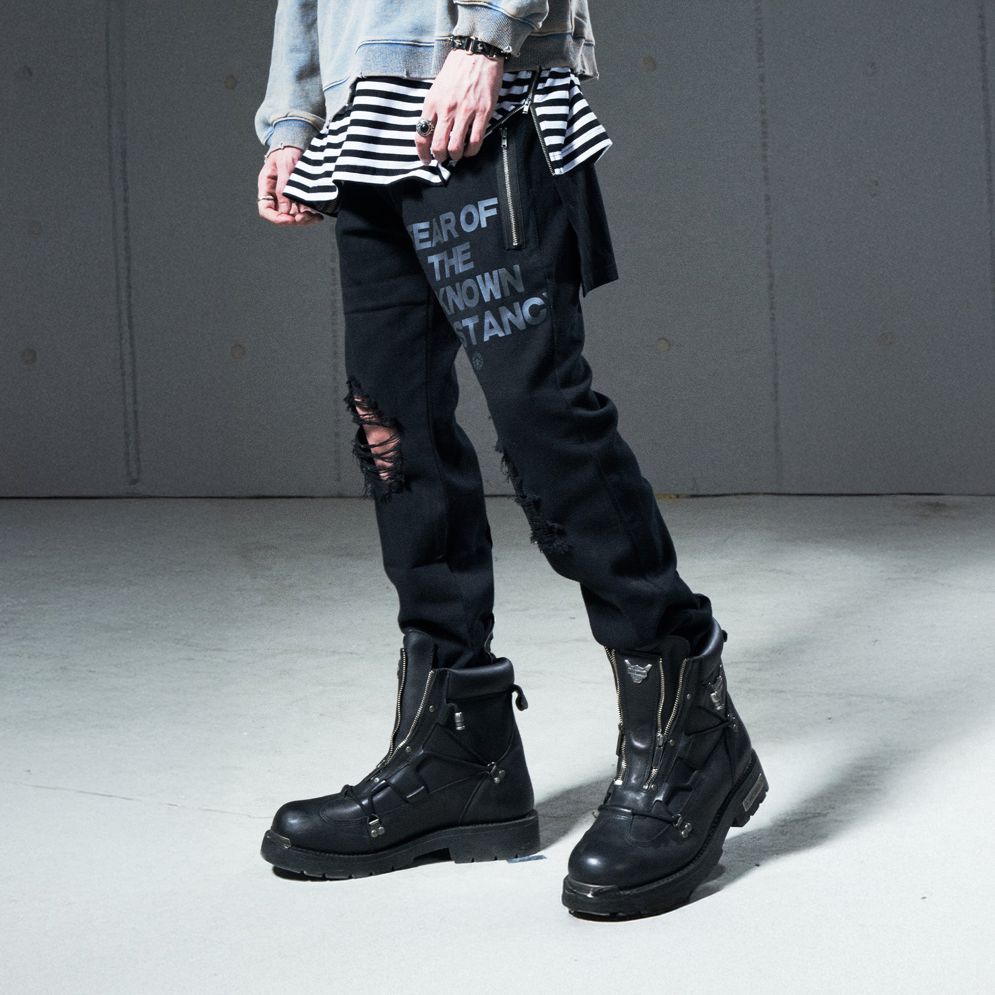 VENTUREK Distressed Zippered-Hem Slogan Slim Pants, premium urban and streetwear designers apparel on PROJECTISR.com, VENTUREK