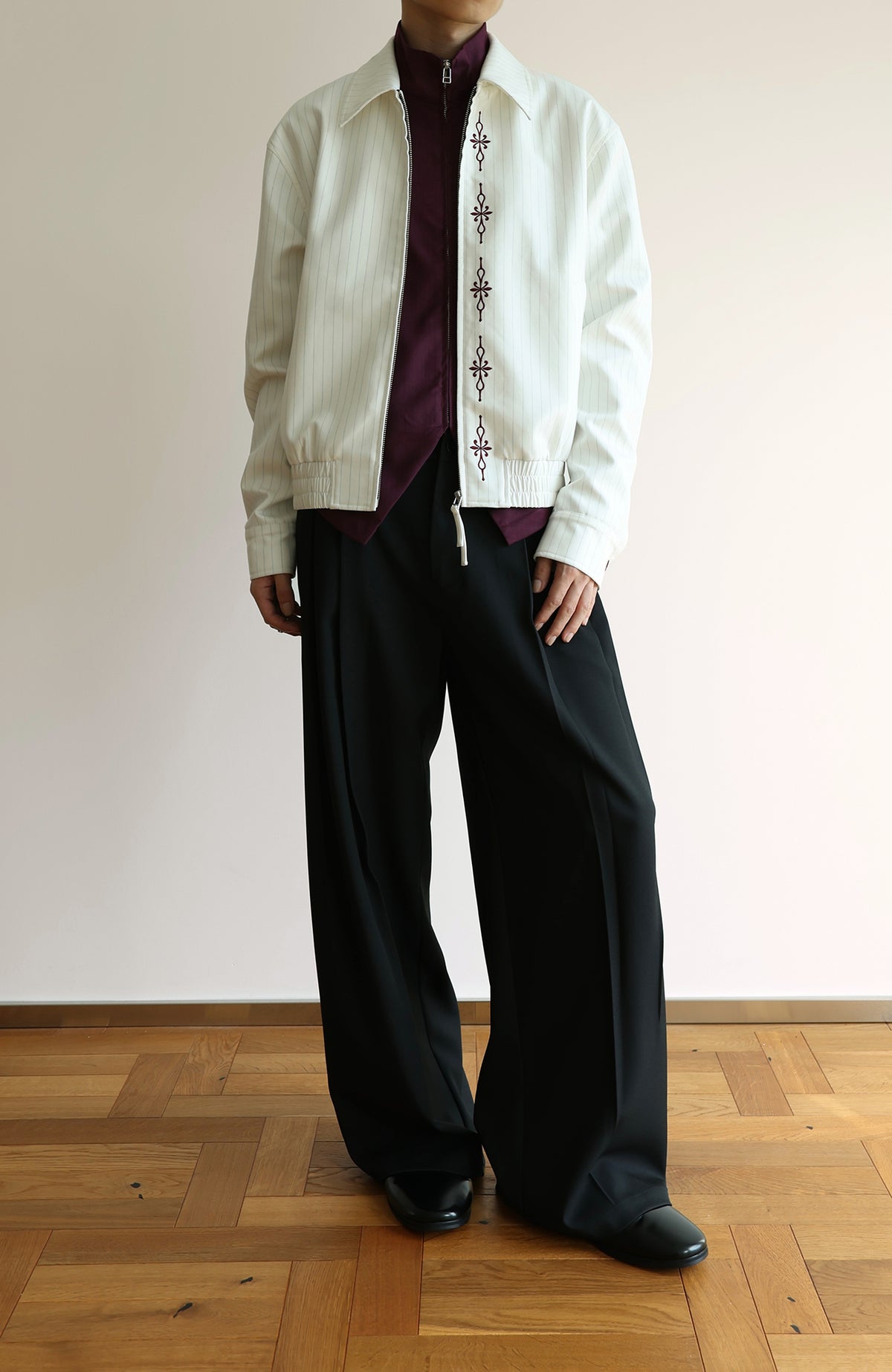 OKAYTHXBYE Cross-Stitch Embroidered Contrast Button Lapel Zip Jacket