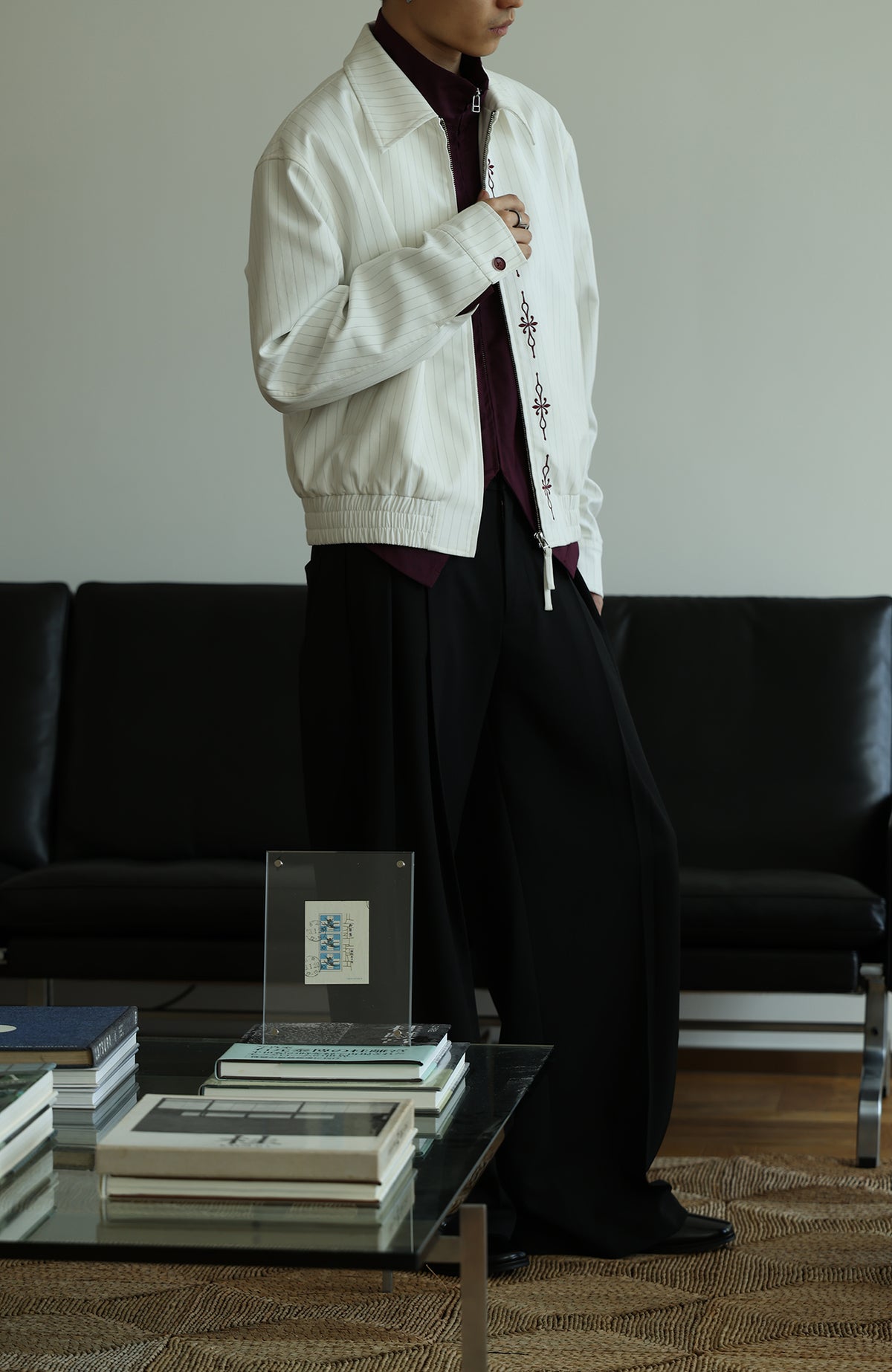 OKAYTHXBYE Cross-Stitch Embroidered Contrast Button Lapel Zip Jacket