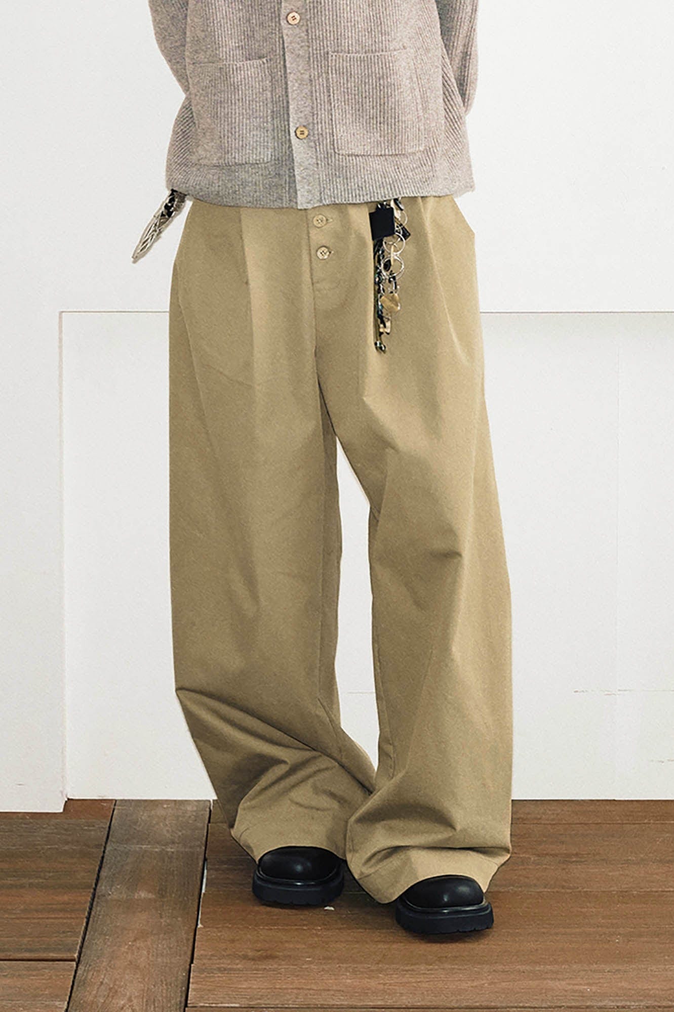 KREATE Crinkled Button-Fly Wide-Leg Pants