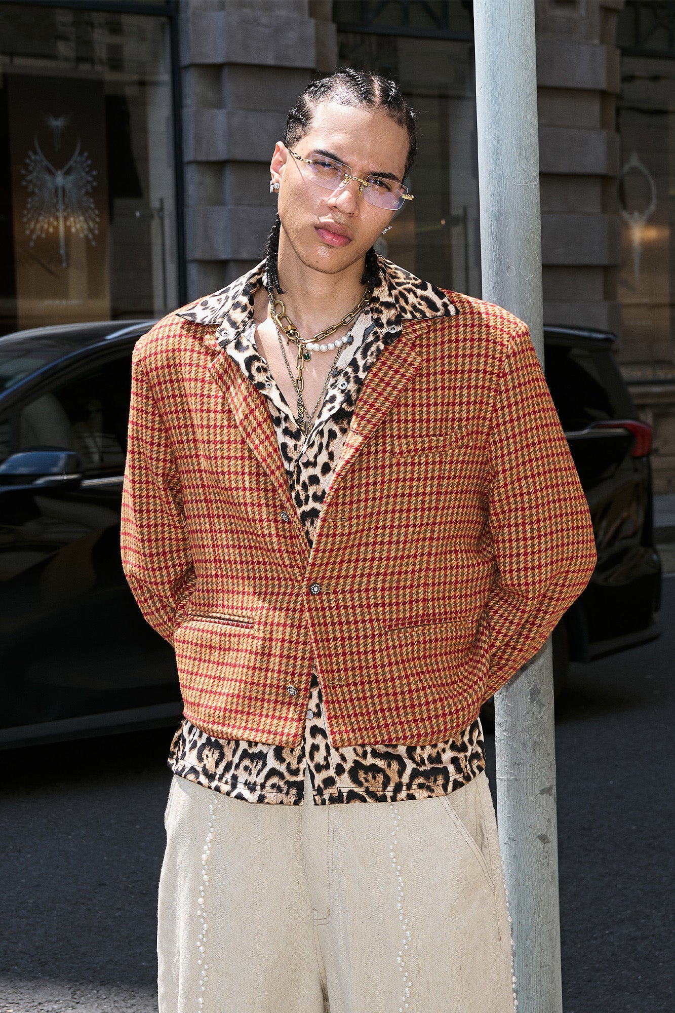 STEEPC Houndstooth Wool-Blend Stand-Collar Boxy Blazer