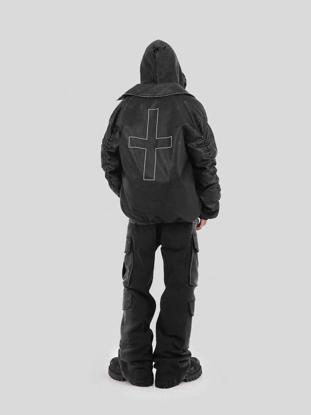 UNDERWATER Crucifix Ripped Faux Leather Down Jacket, premium urban and streetwear designers apparel on PROJECTISR.com, UNDERWATER