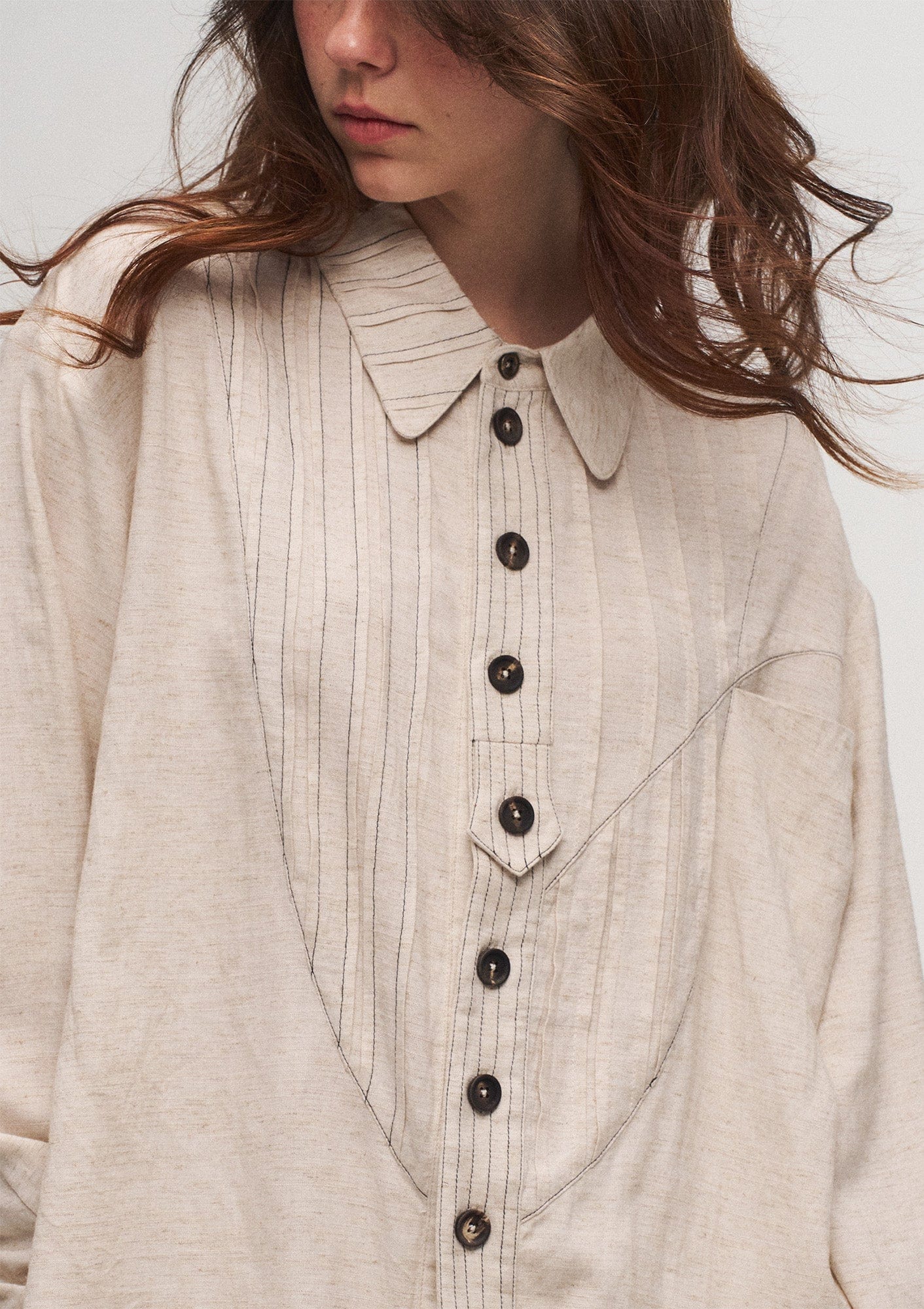 ILNya Nieternite Nifutur Shield Panel Pleated Cotton-Linen Shirt, premium urban and streetwear designers apparel on PROJECTISR.com, ILNya Nieternite Nifutur