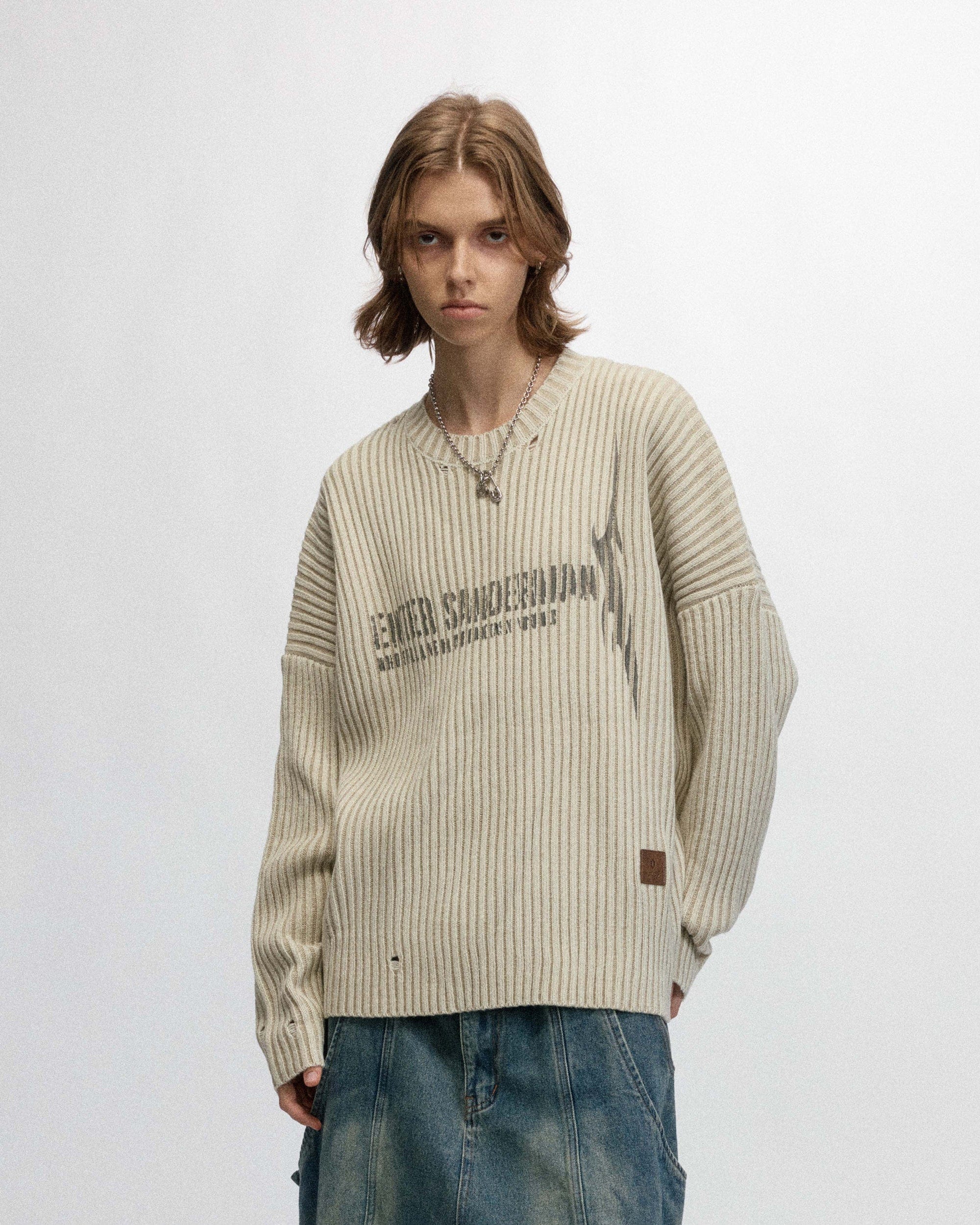 OVDY Faded Ripped Slogan Raw Edge Sweater