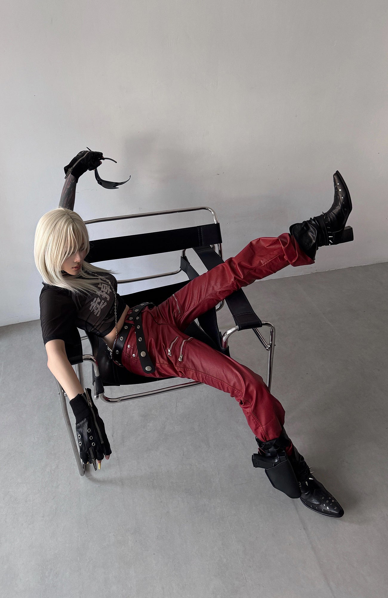 REBEL WAVE Zipper Knee Faux Leather Flared Jeans