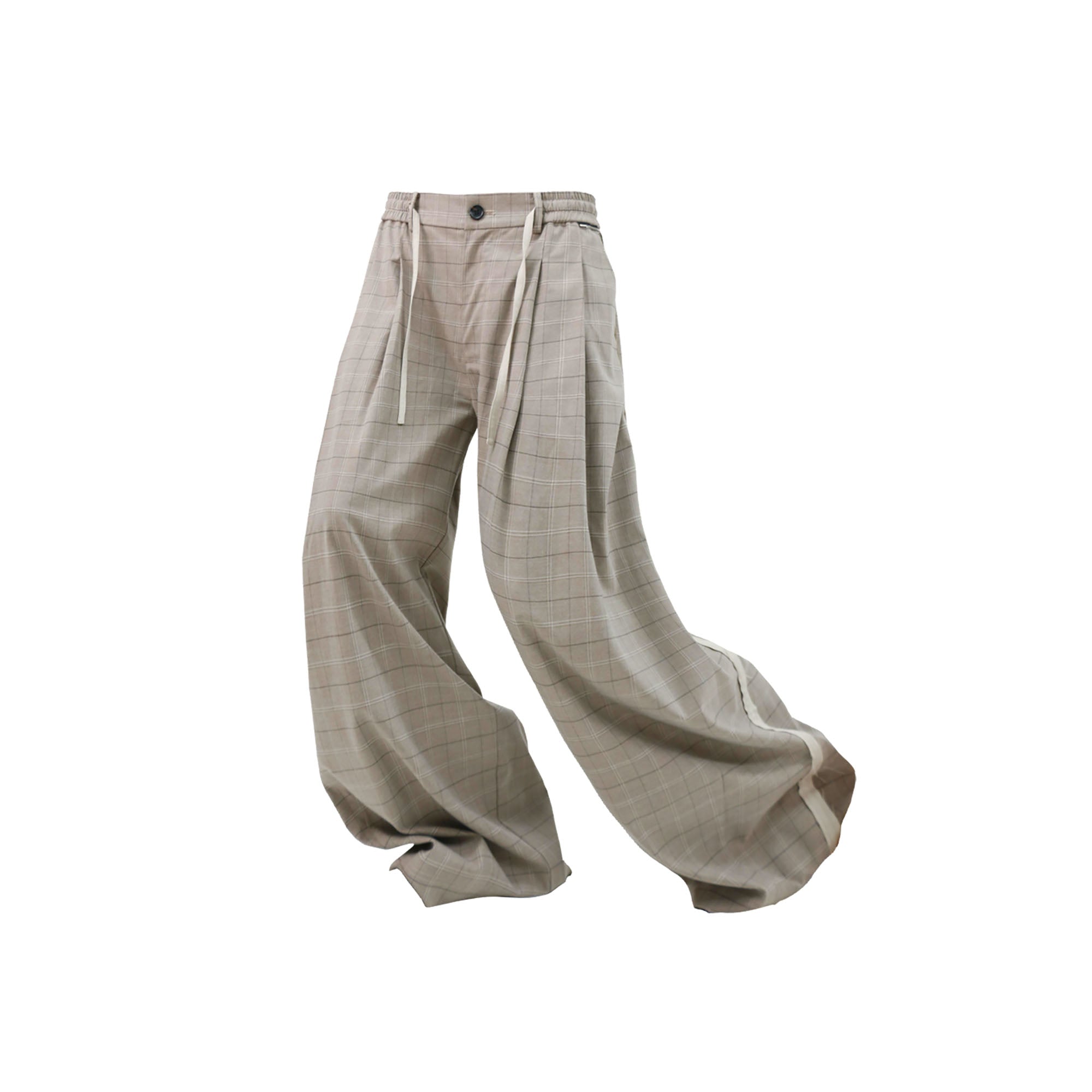 RELABEL Pleated Plaid Wide-Leg Drawstring Trousers Beige