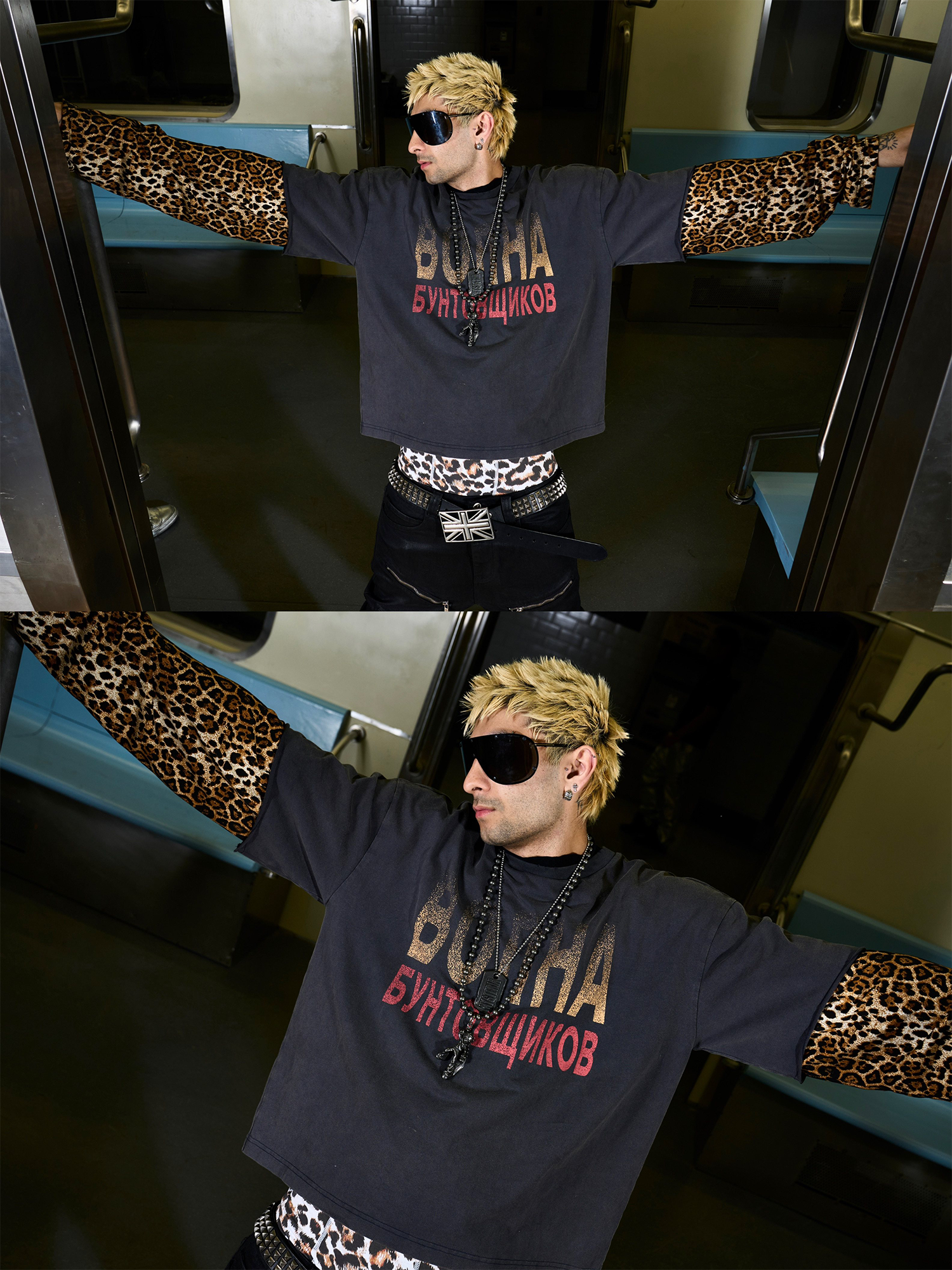 REBEL WAVE Leopard Layered Washed Graphic Long-Sleeve Tee