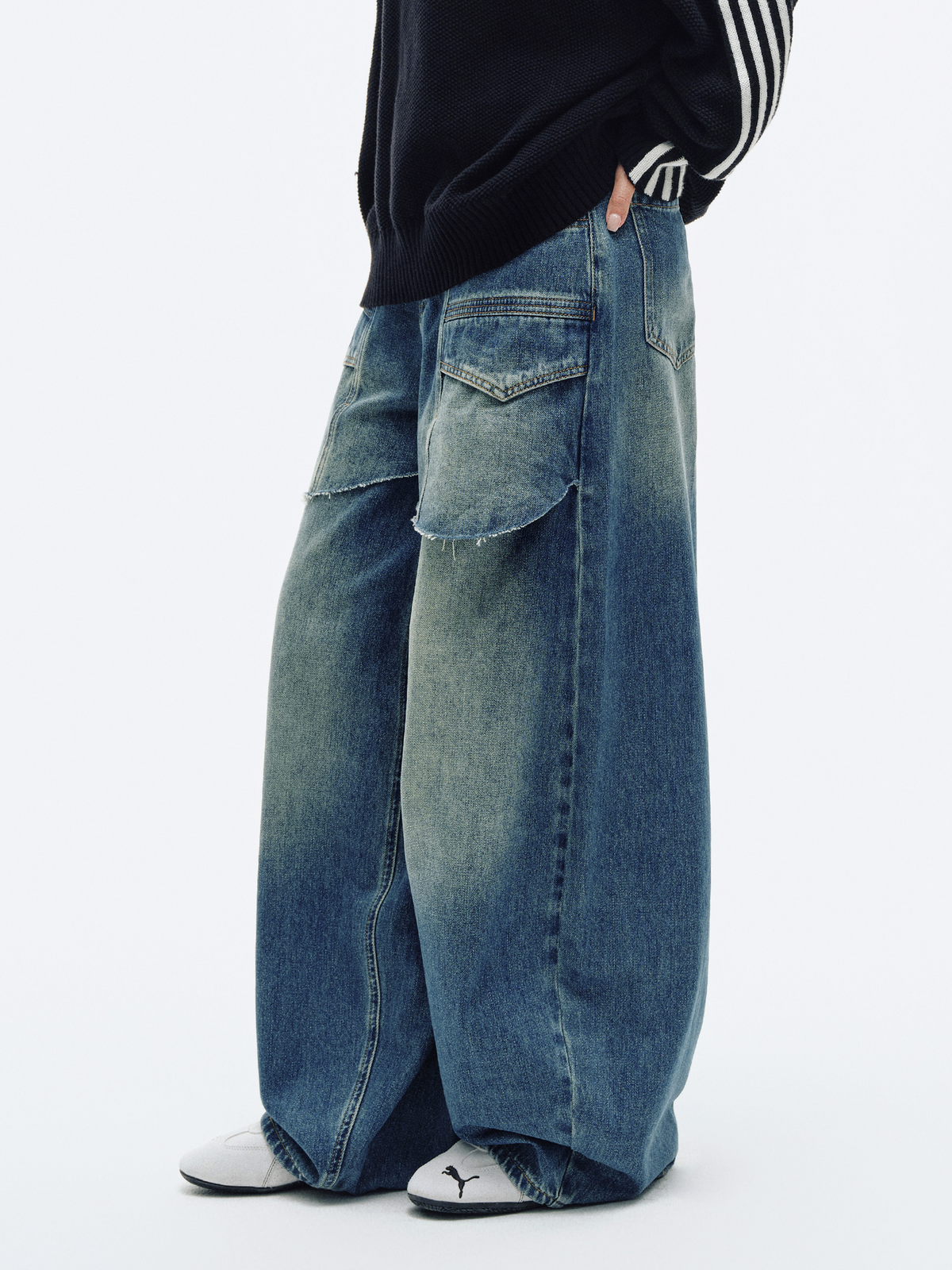 HAHAHA Spliced Washed Faux Layered Jeans