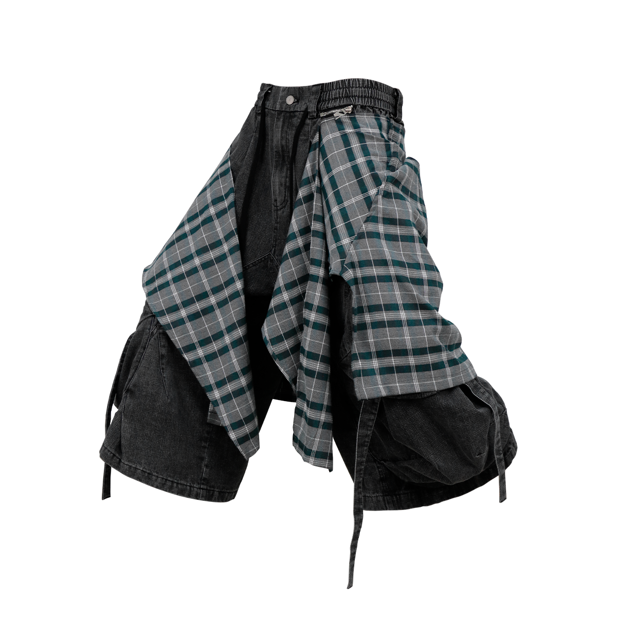 RELABEL Detachable Plaid Drape Oversized Denim Shorts, premium urban and streetwear designers apparel on PROJECTISR.com, RELABEL