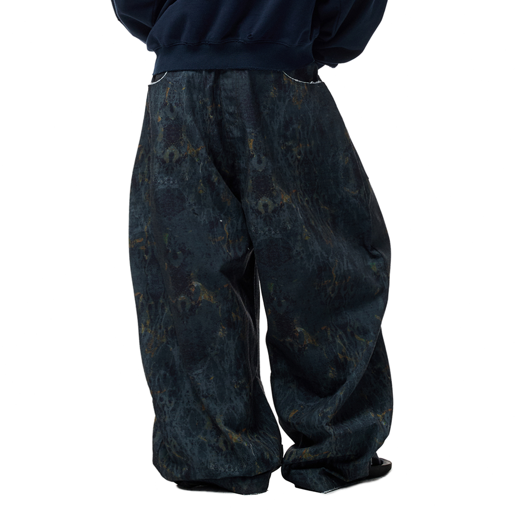 CYCYCY Washed Mottled Flame Graphic Denim Pants