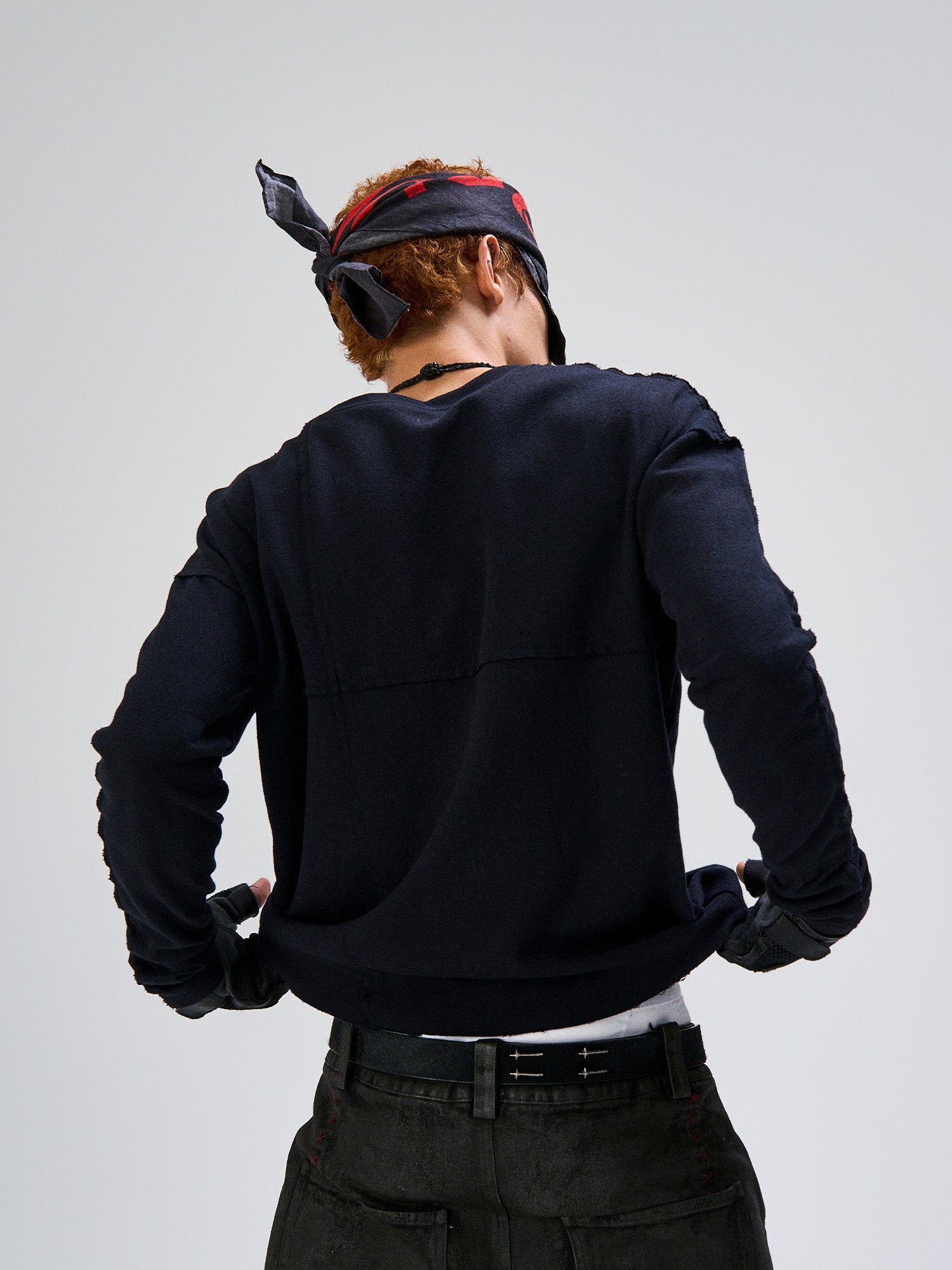 FLYERRER Cross-Panel Contrast Frayed Embroidered Long-Sleeve Tee, premium urban and streetwear designers apparel on PROJECTISR.com, FLYERRER