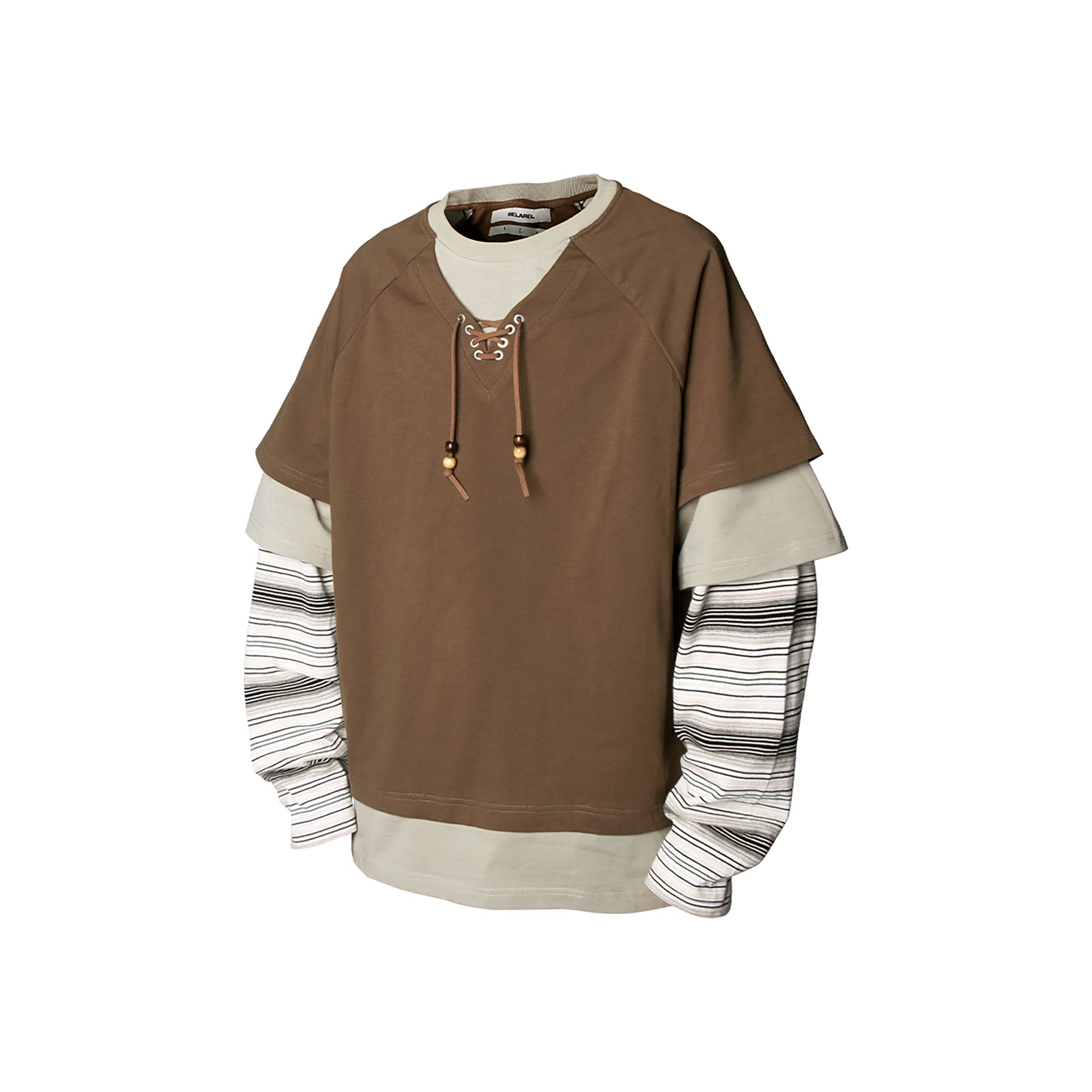 RELABEL Layered Stripe-Sleeve Lace-Up Sweatshirt Brown, premium urban and streetwear designers apparel on PROJECTISR.com, RELABEL