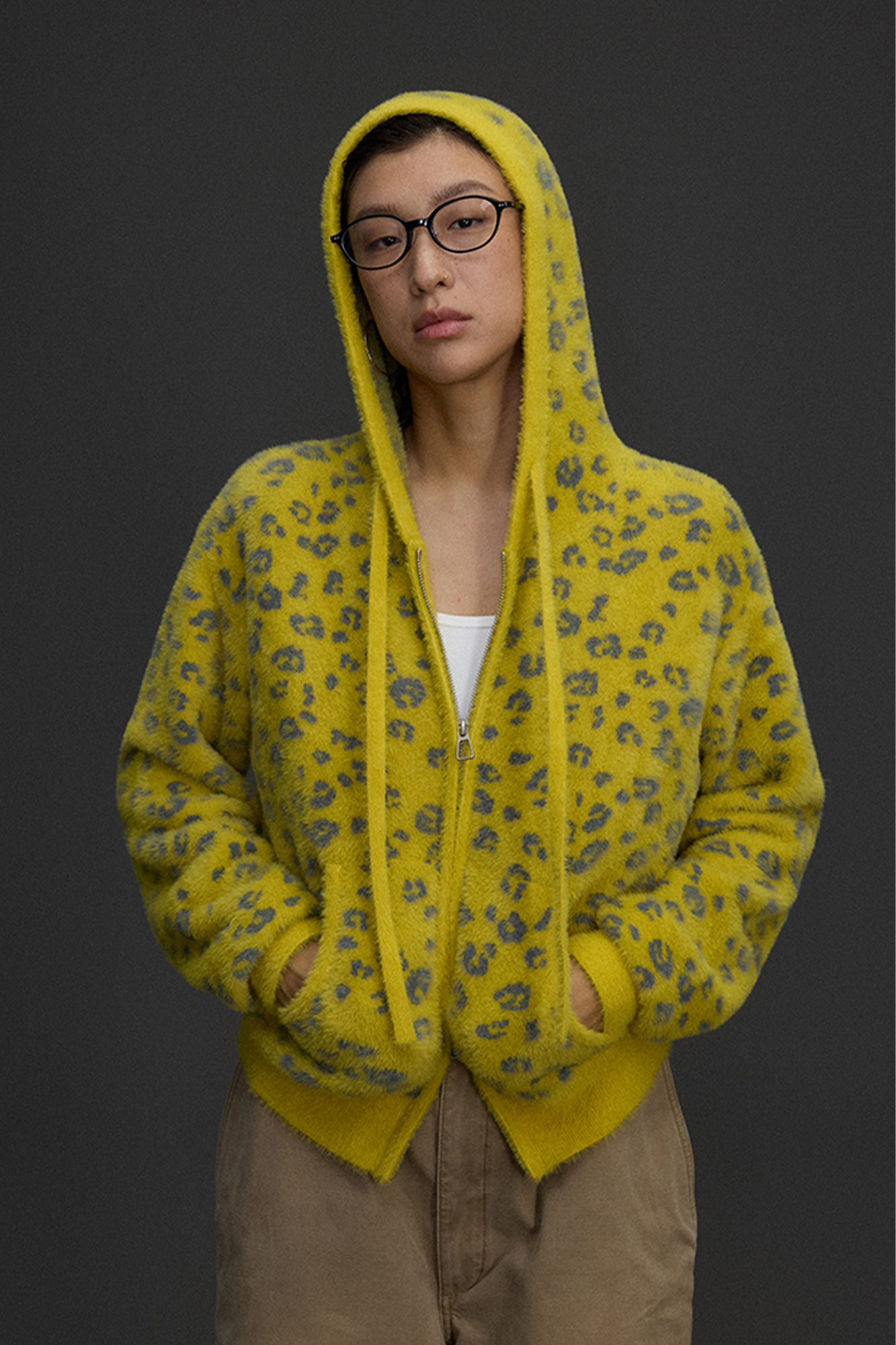 NIANJIUYIKOUER Fuzzy Leopard Jacquard Zip-Up Hoodie Cardigan, premium urban and streetwear designers apparel on PROJECTISR.com, NIANJIUYIKOUER