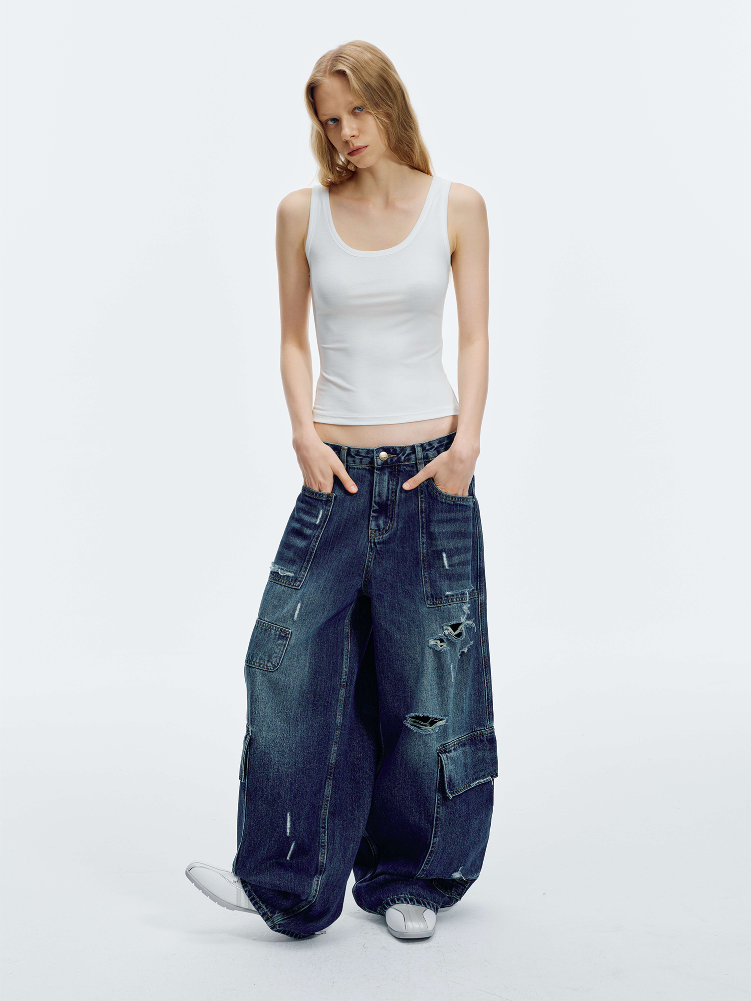 HAHAHA Washed Distressed Multi-Pocket Wide-Leg Jeans