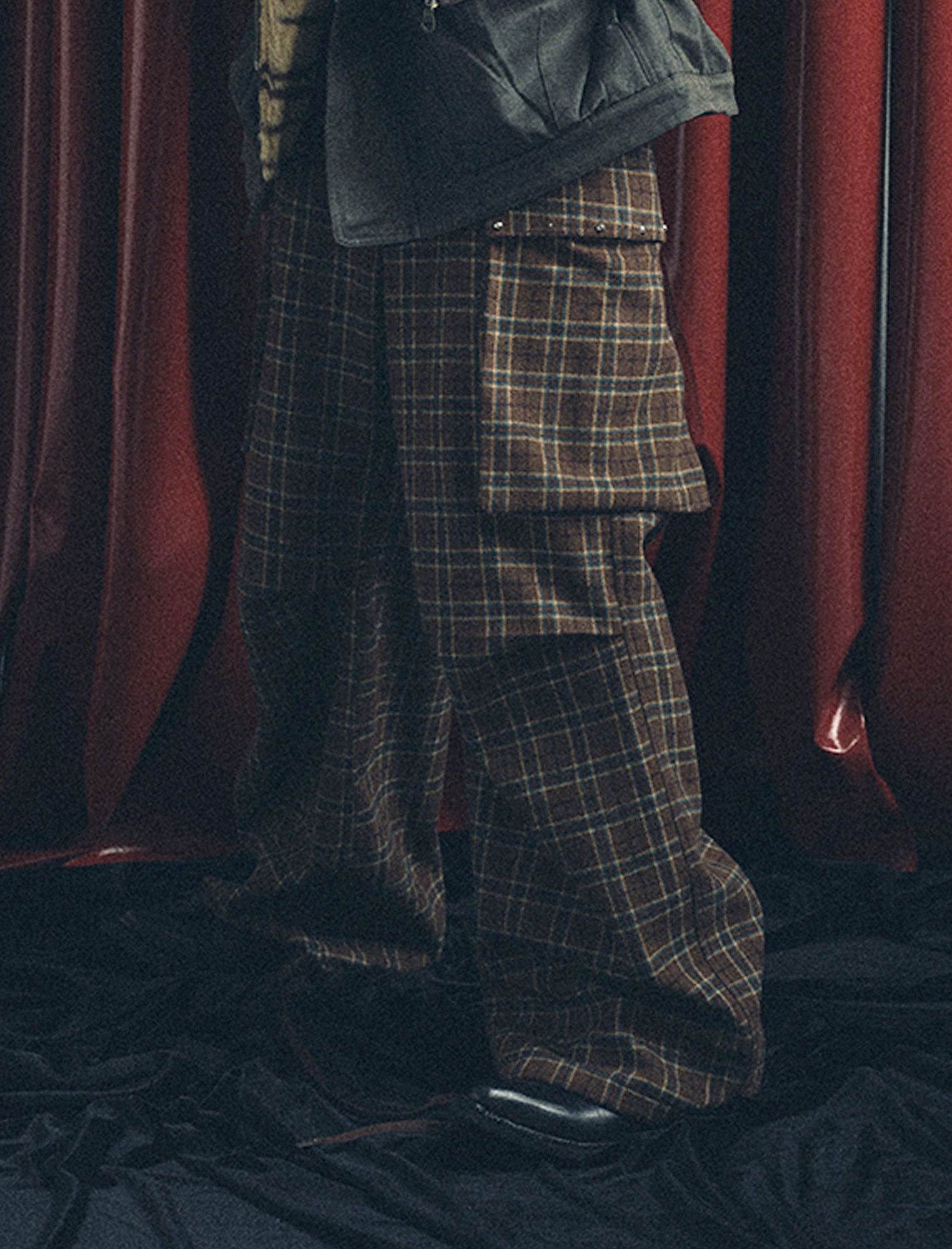 TRECLUB Plaid Pleated-Knee Wide-Leg Cargo Pants, premium urban and streetwear designers apparel on PROJECTISR.com, TRECLUB