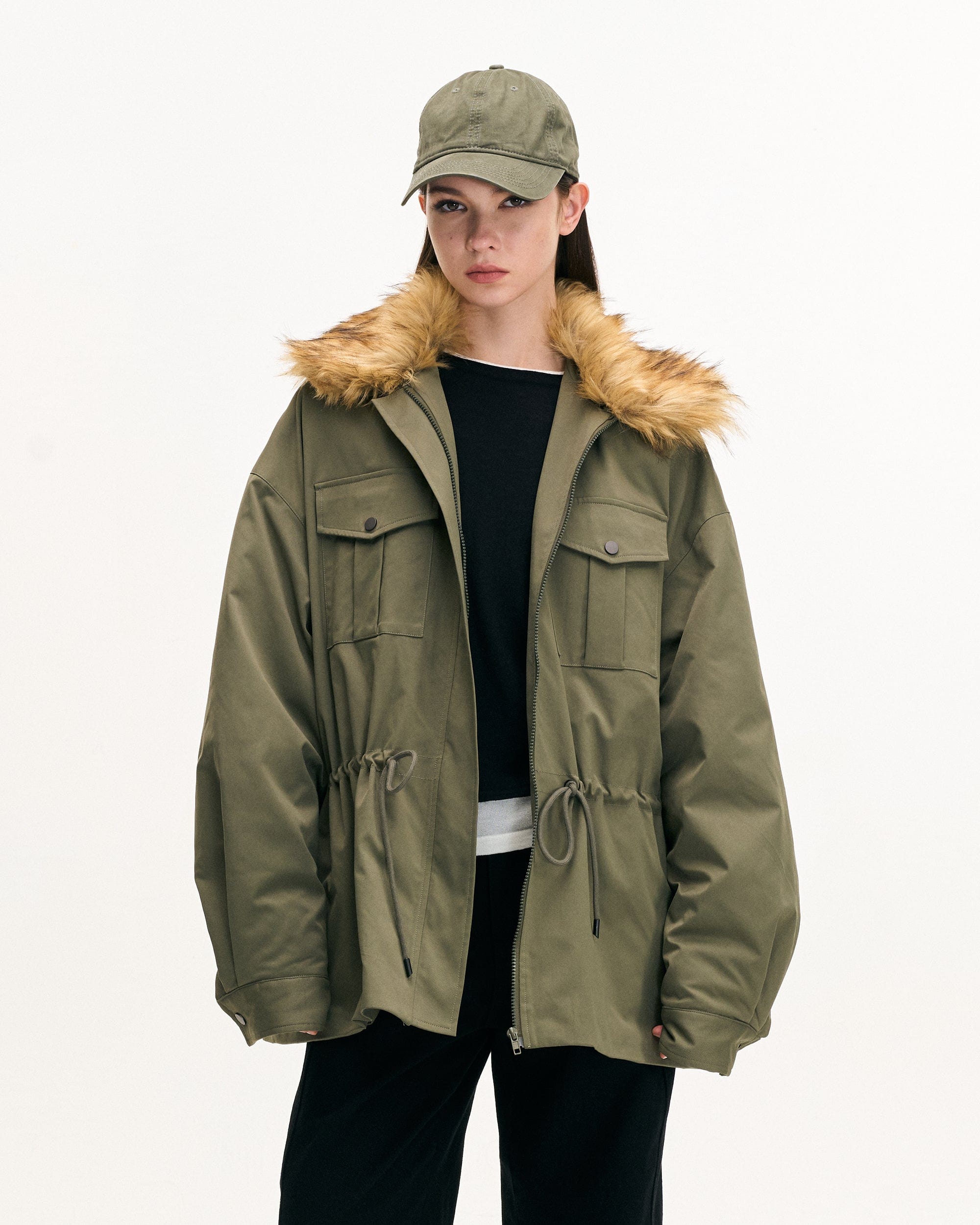 LEONSENSE Classic Detachable Faux-Fur Collar Parka Coat