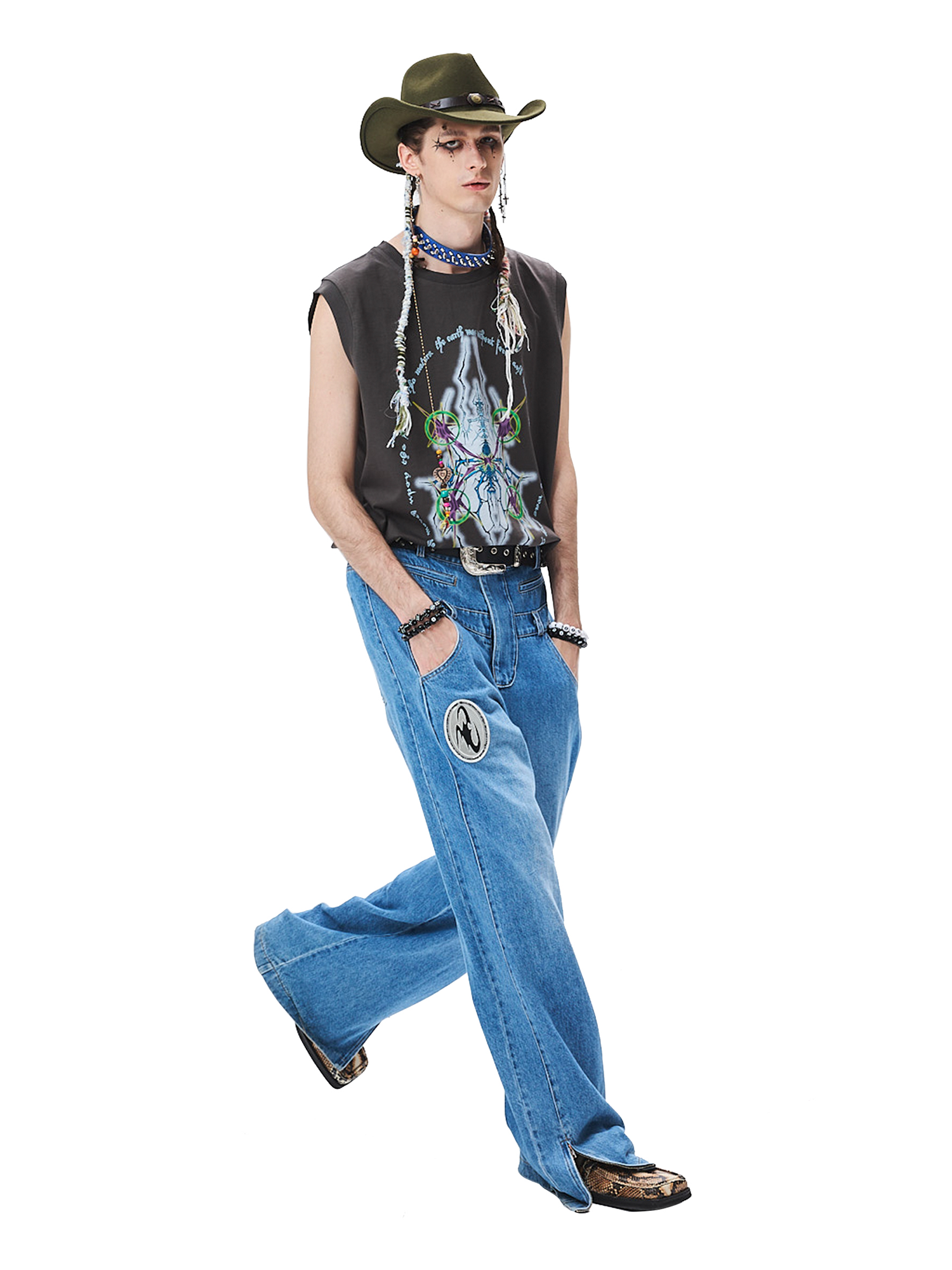 CYCYCY Deconstructed Double-Waist Washed Jeans