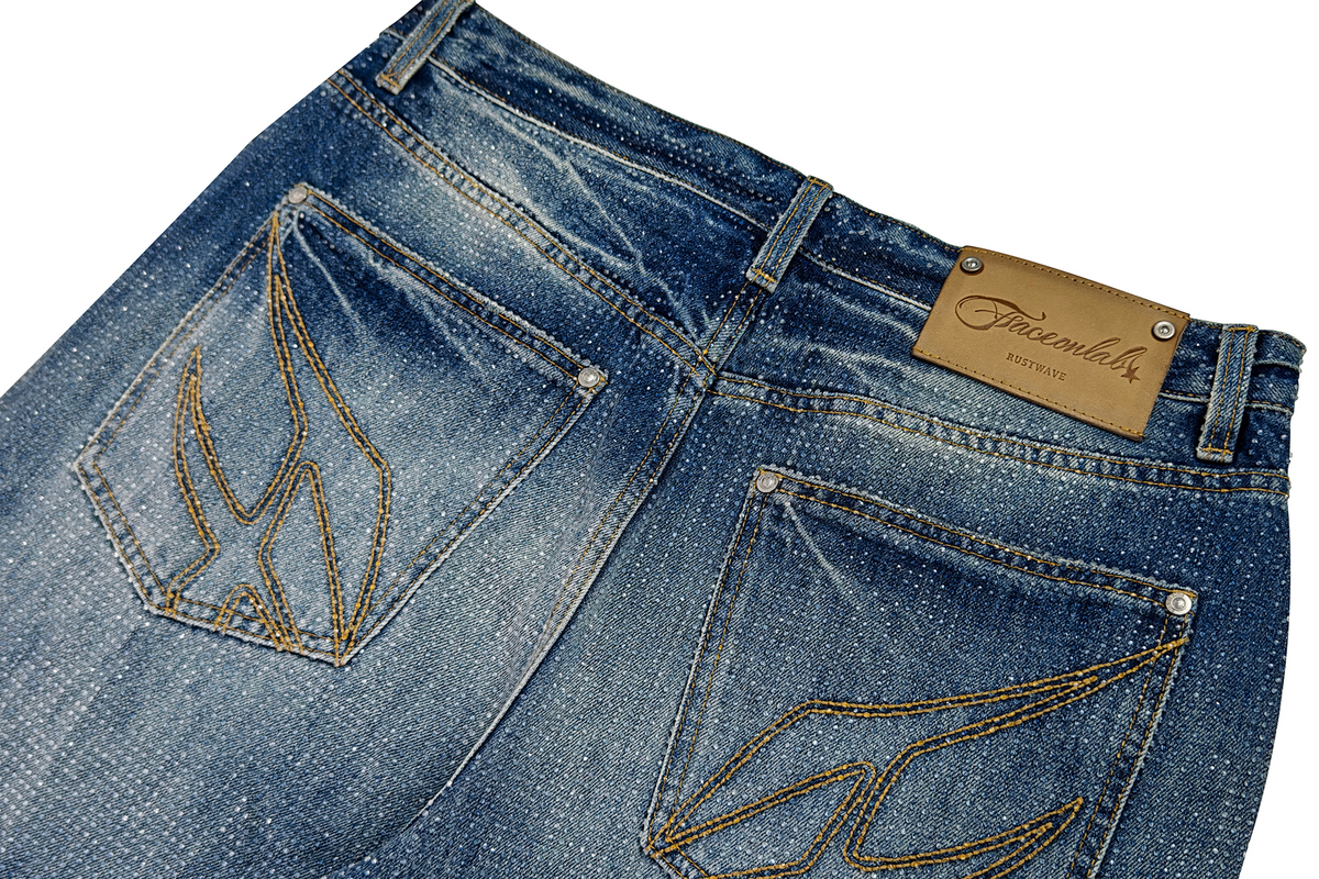 FACEONLAB Crystal Rhinestone Serpent Washed Straight-Leg Jeans