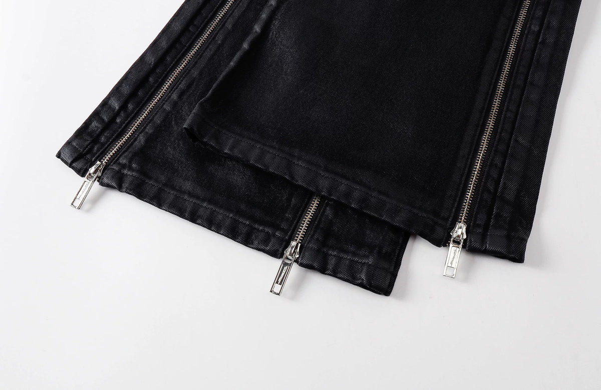 REBEL WAVE Cross Zip Wax-Coated Flared Jeans
