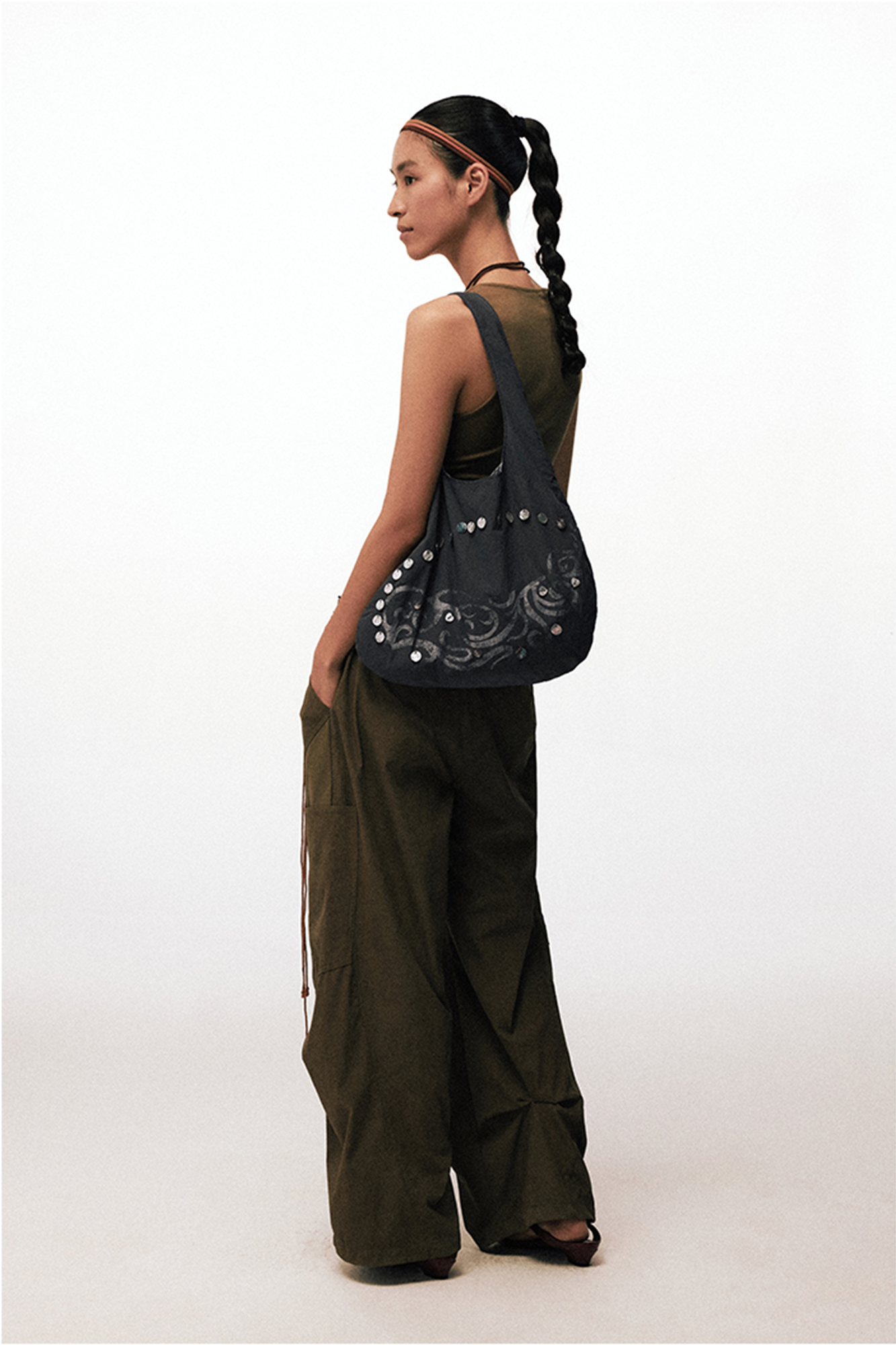 CONPCONP Tai Chi Disc-Embellished Canvas Shoulder Bag