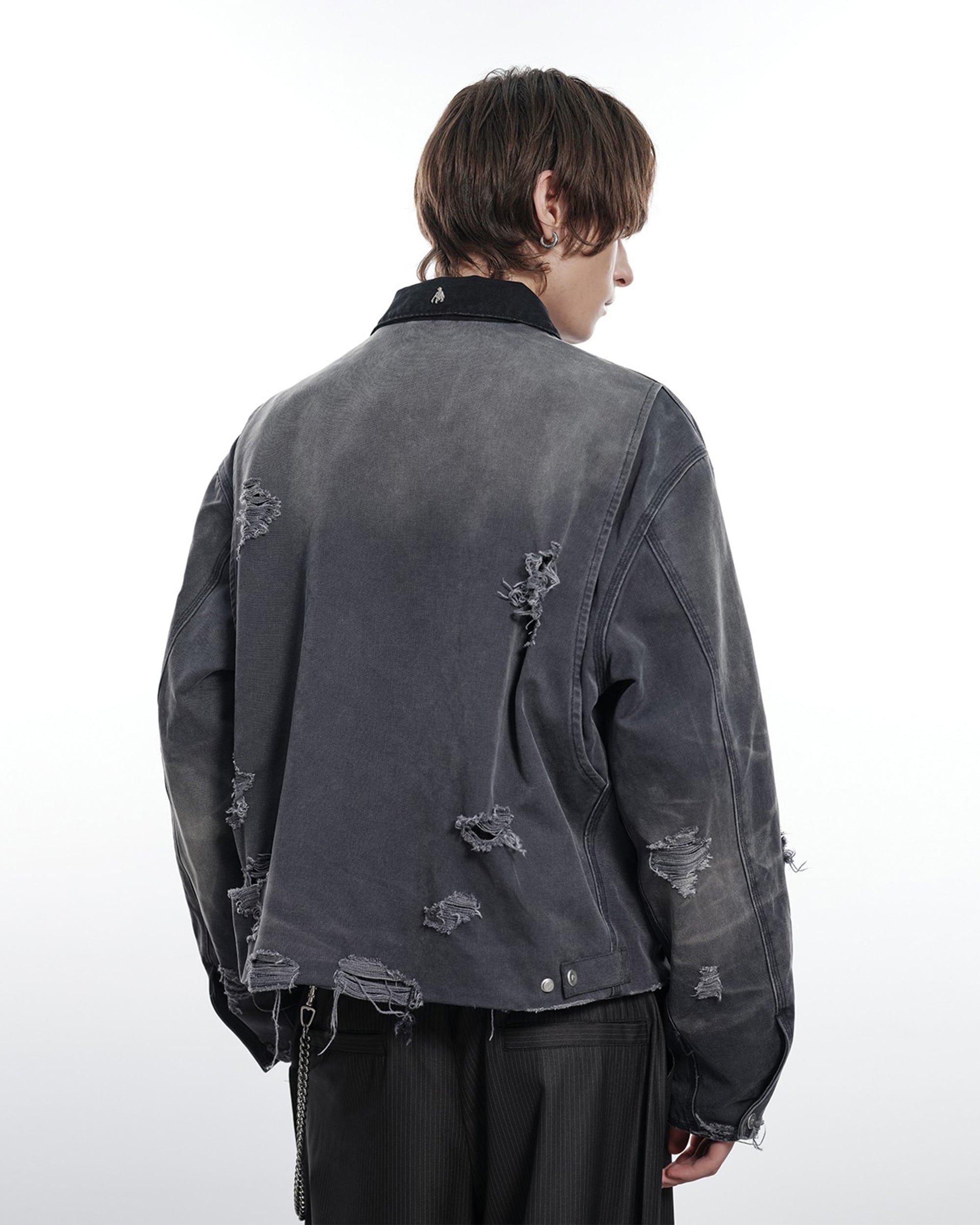 FACEONLAB Raw-Edge Ripped Rivet Metal Emblem Jacket Grey