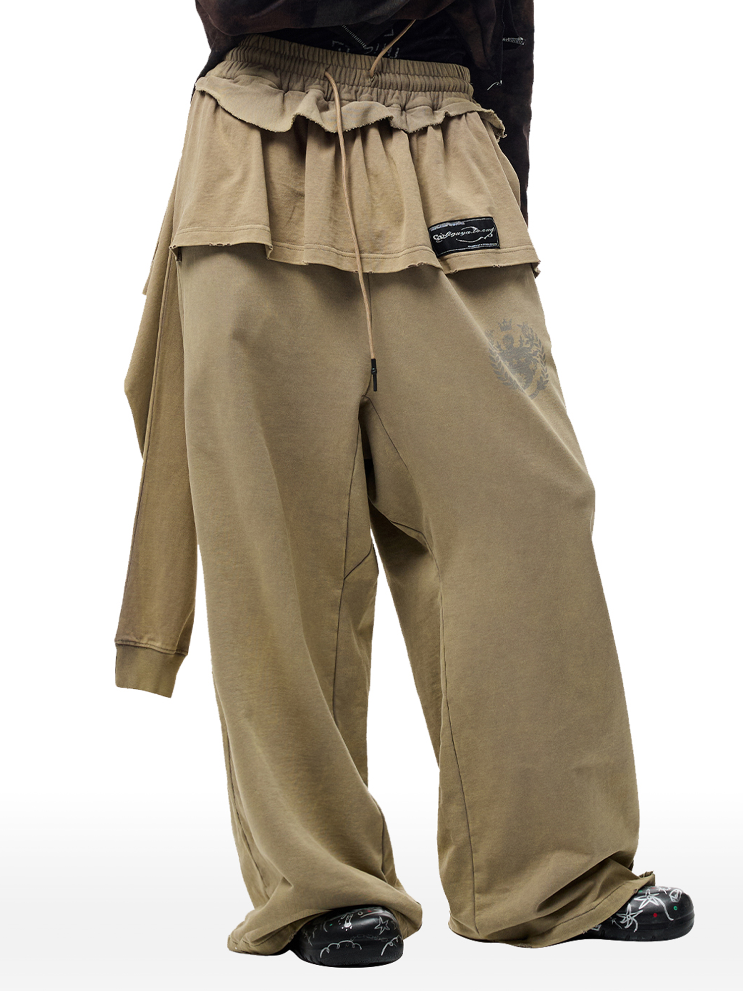 CYCYCY Layered Raw Edge Wide-Leg Sweatpants Khaki