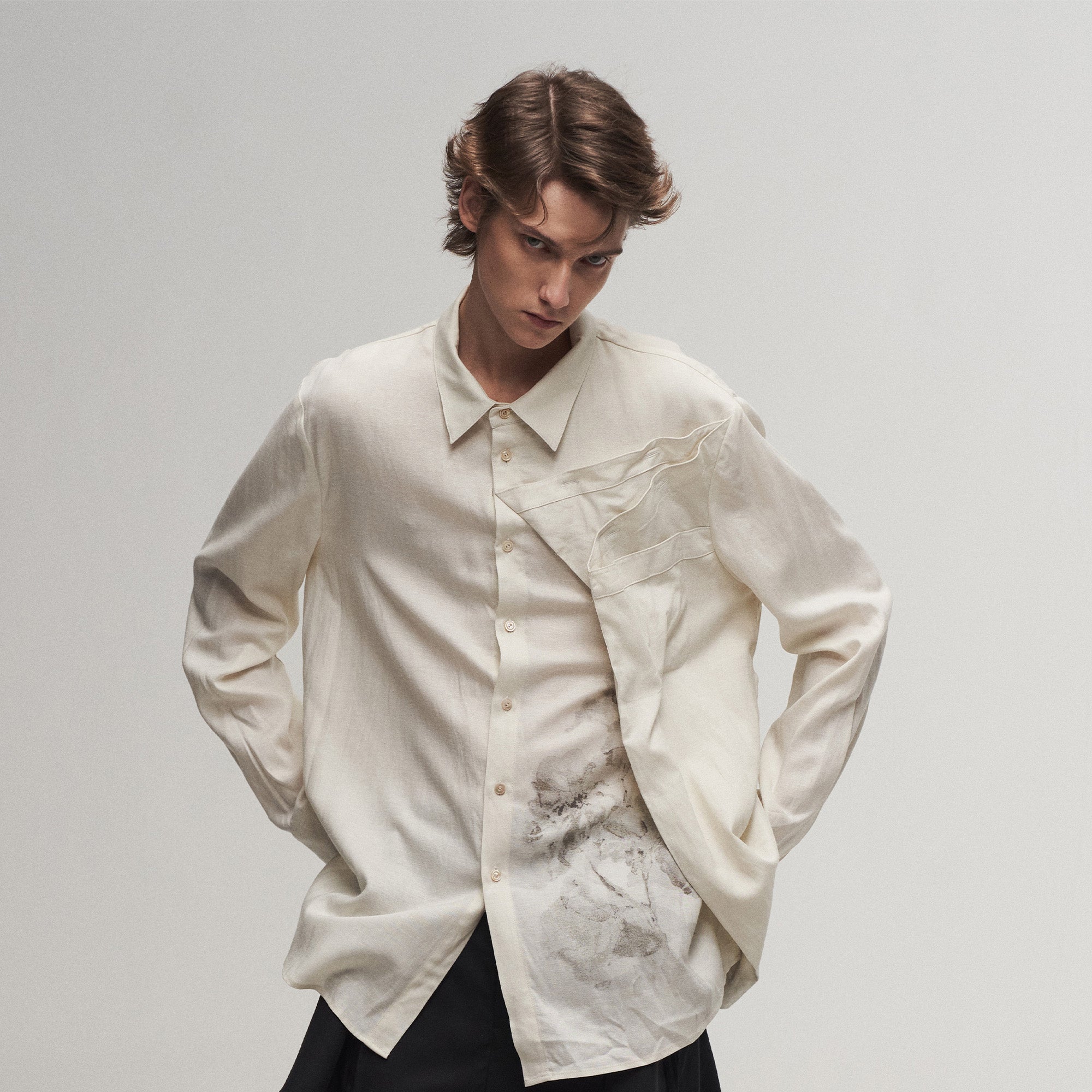 ILNya Nieternite Nifutur Asymmetric Floral Folded Drape Panel Shirt, premium urban and streetwear designers apparel on PROJECTISR.com, ILNya Nieternite Nifutur