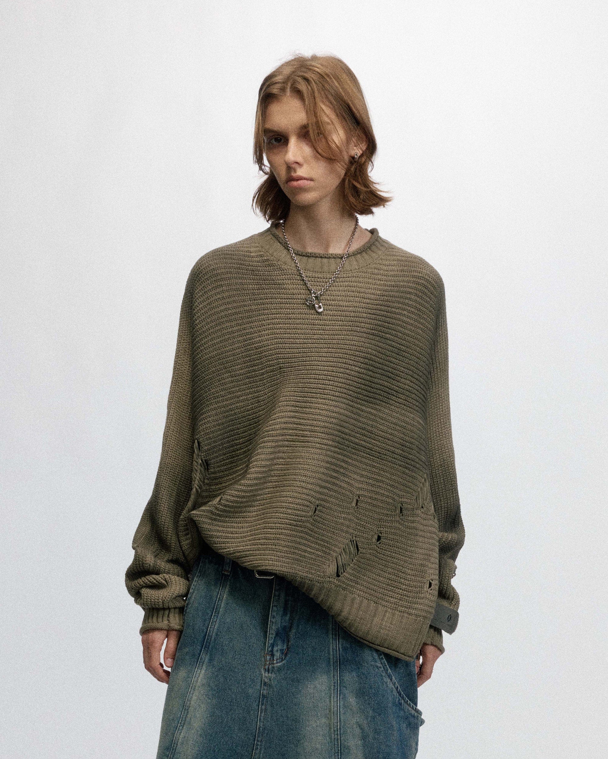 OVDY Faded Ripped Raw Edge Sweater