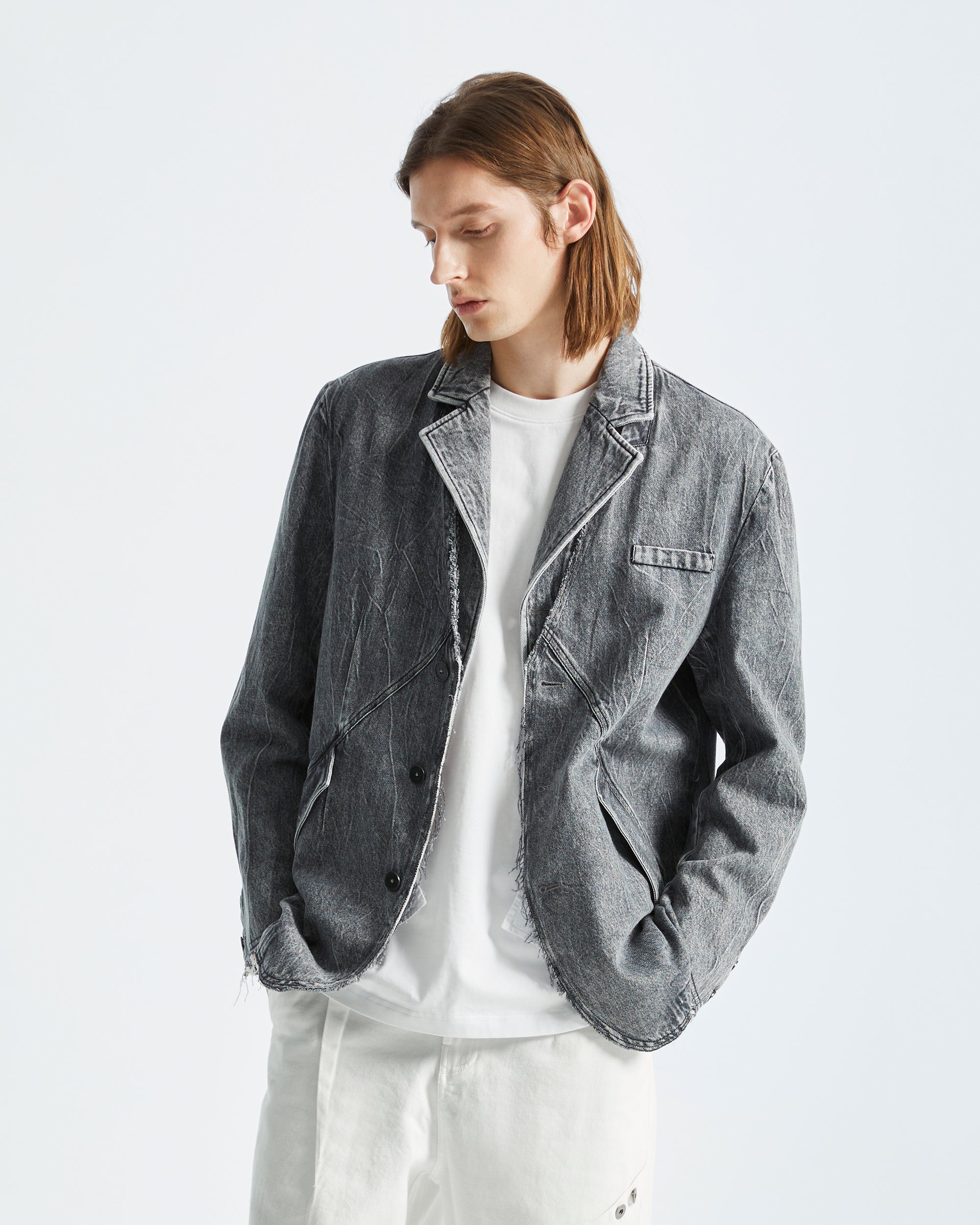 ORGANIC EMOTION Deconstructed Washed Detachable Collar Denim Blazer