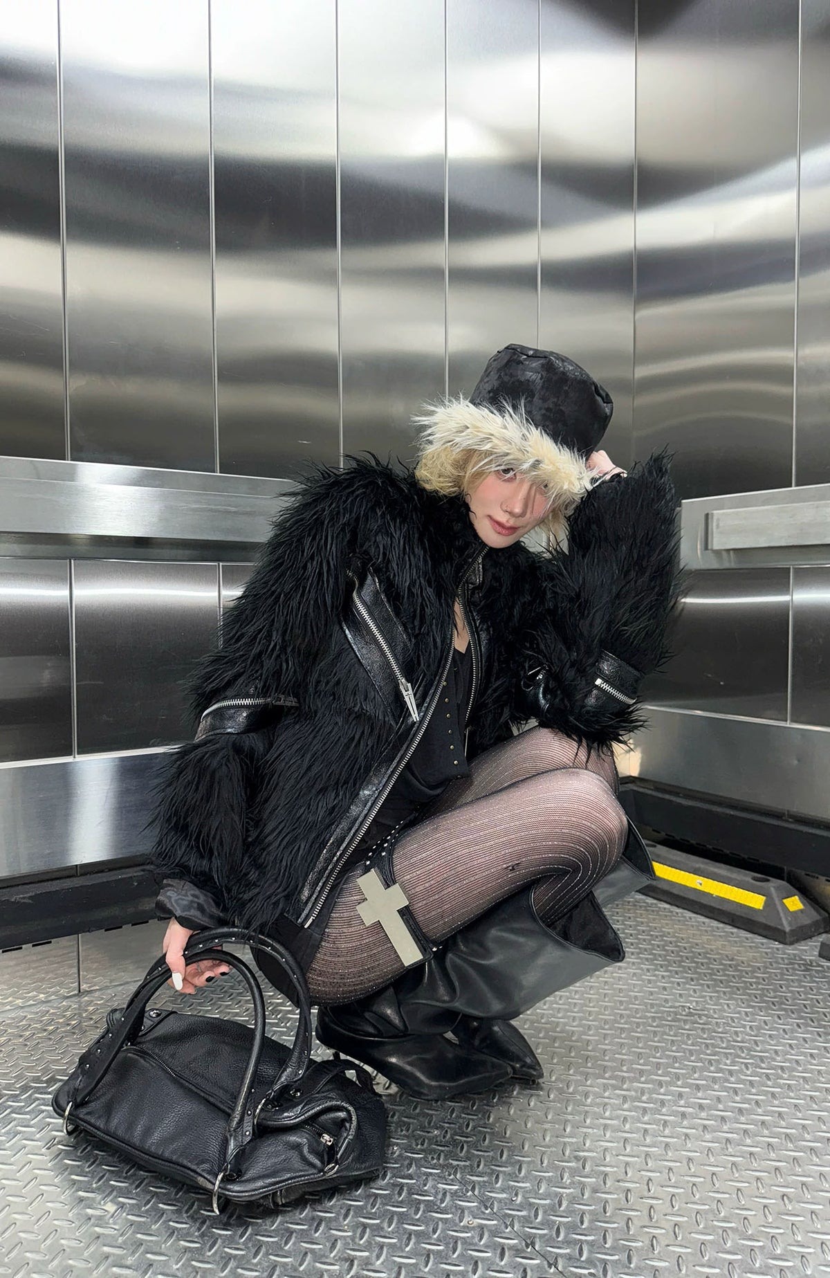 REBEL WAVE Faux Leather Zippered Faux Fur Jacket