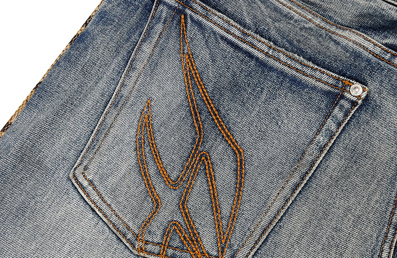 FACEONLAB Leopard Panel Distressed Straight-Leg Jeans
