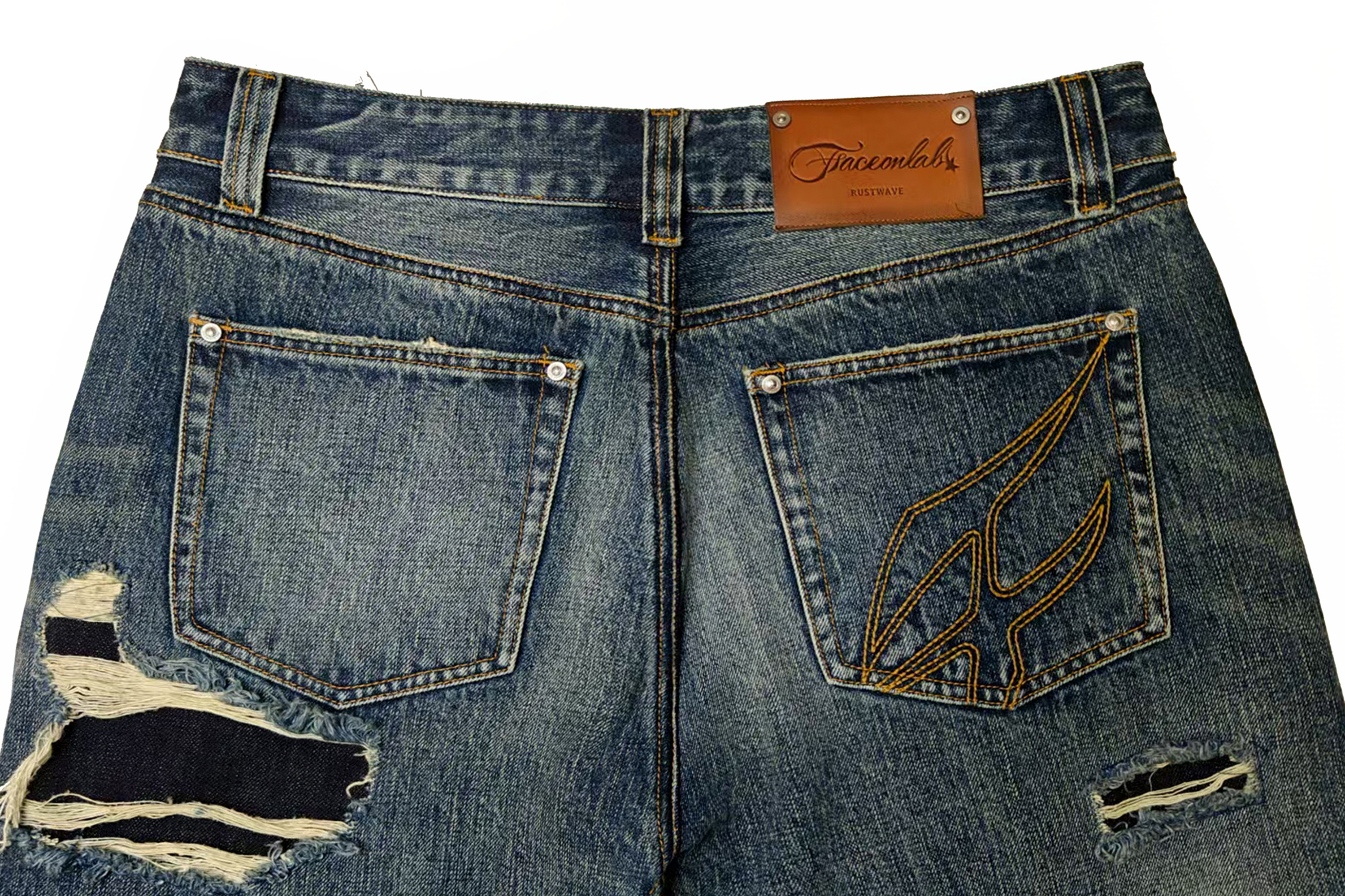 FACEONLAB Distressed Patch Leopard Paneled Jeans, premium urban and streetwear designers apparel on PROJECTISR.com, FACEONLAB