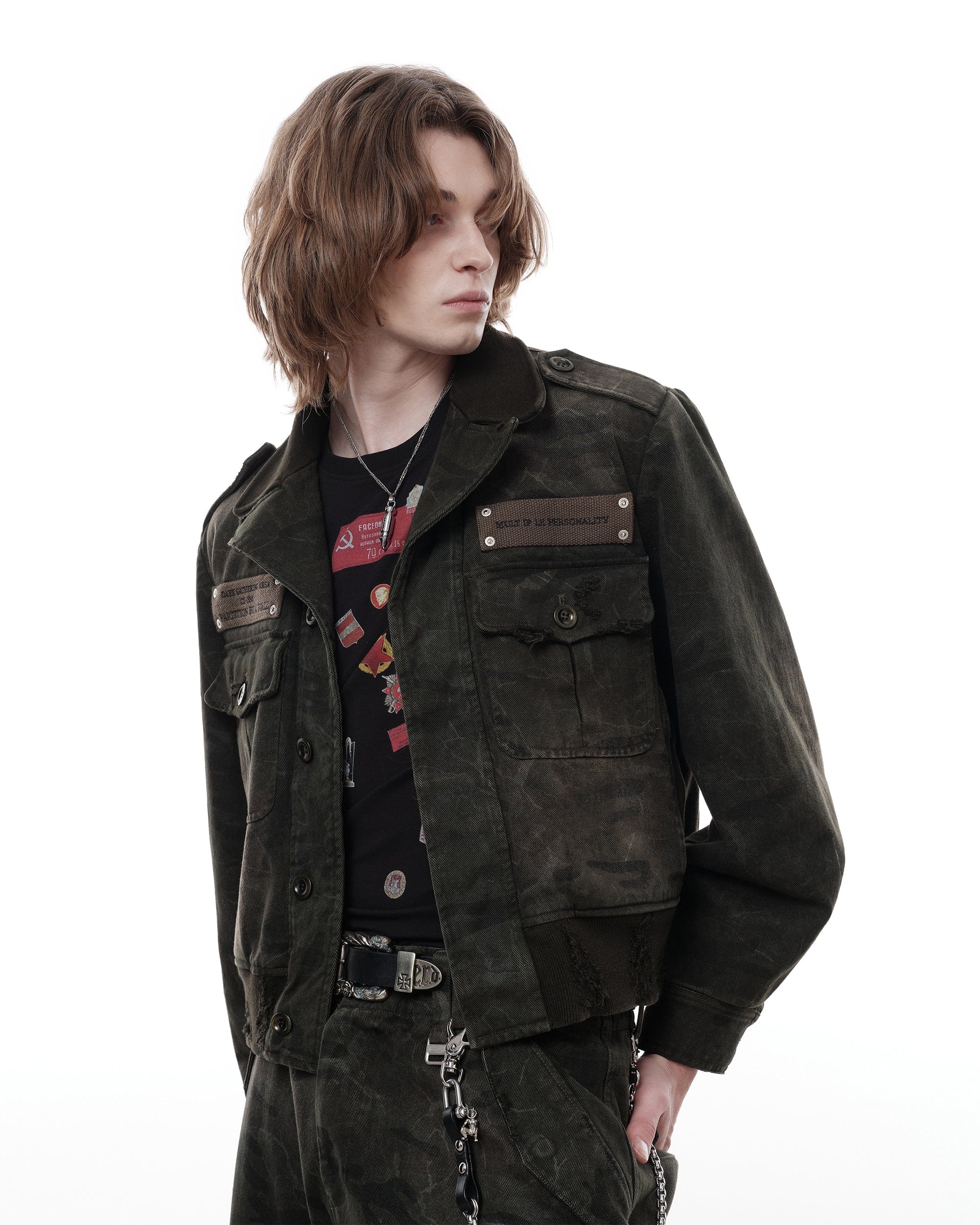 FACEONLAB Distressed P37 Rivet Jacket Army Green