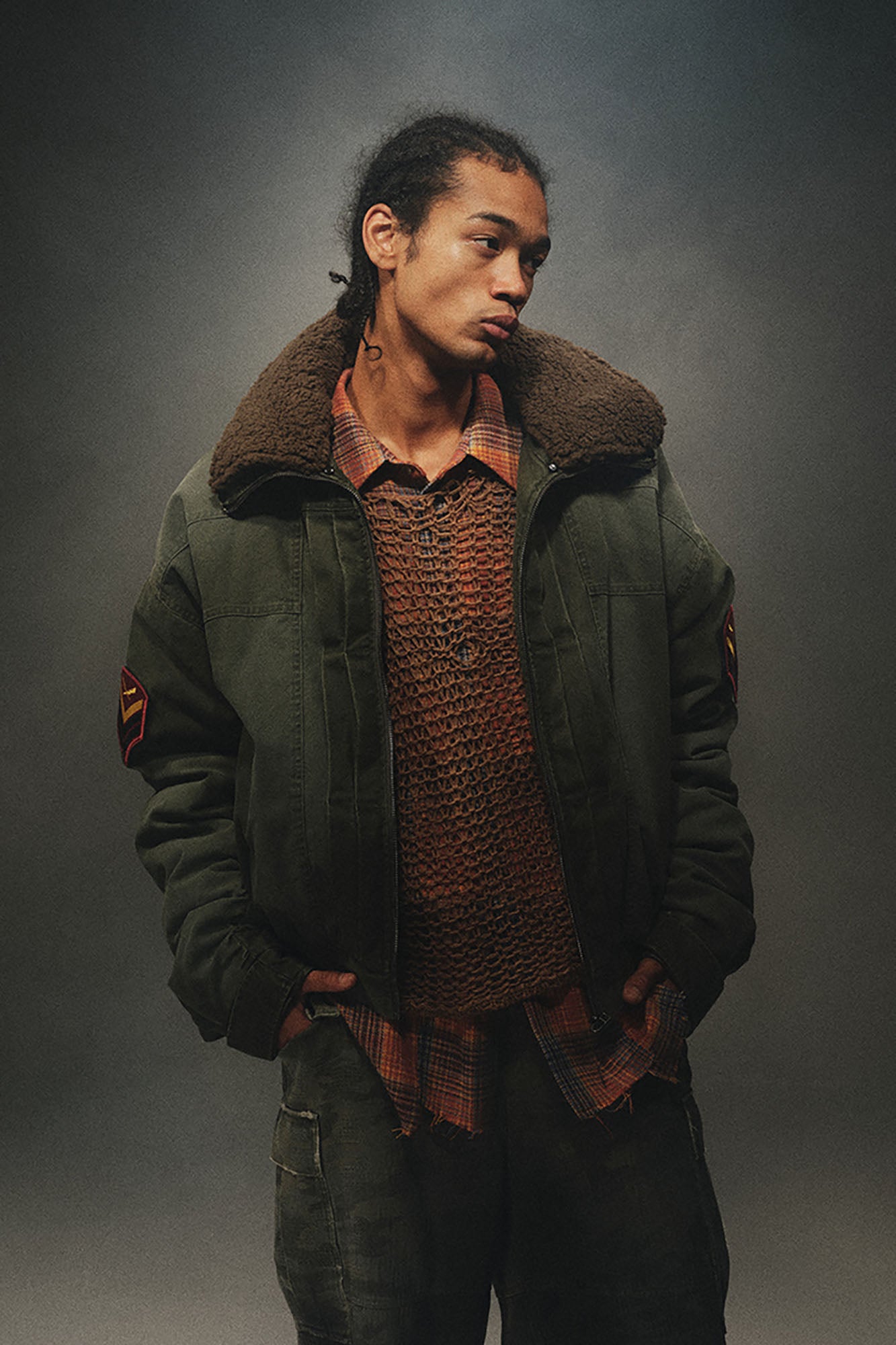 TRECLUB Distressed Patch Quilted Bomber