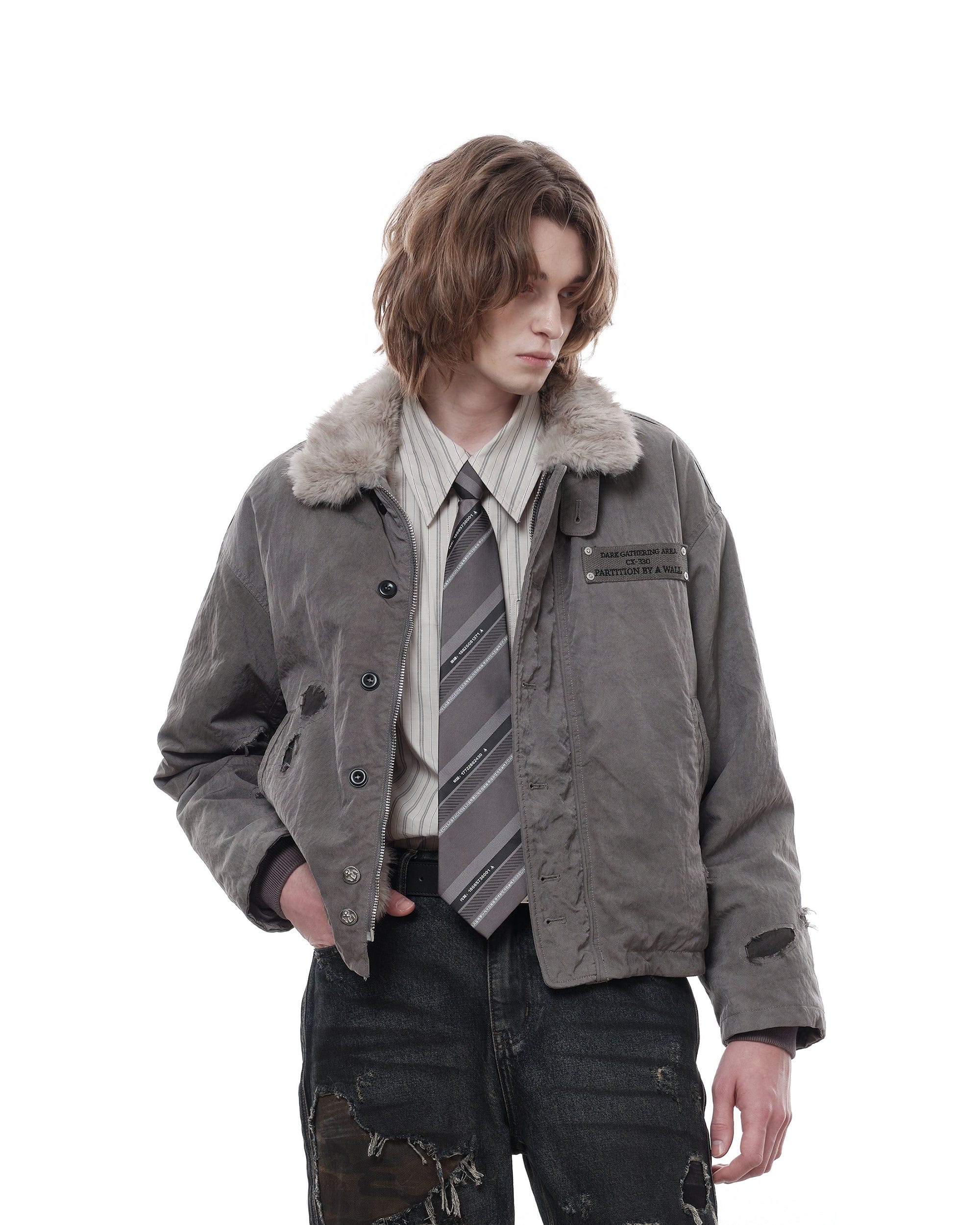 FACEONLAB Distressed Reversible Fuzzy N1 Military Jacket Grey