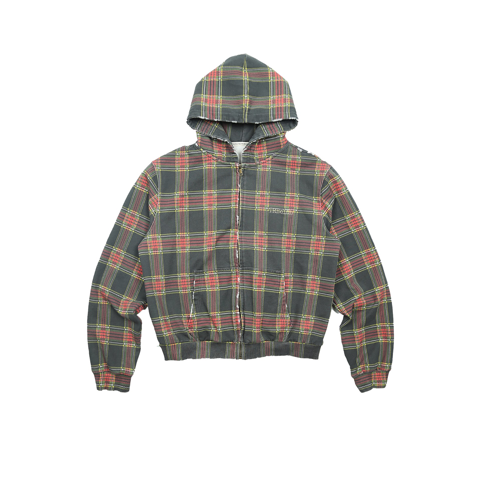 TRECLUB Distressed Plaid Zip-Up Hoodie