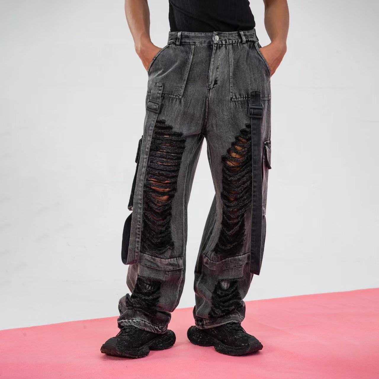 CLP Heavily Ripped Stripe Denim Cargo