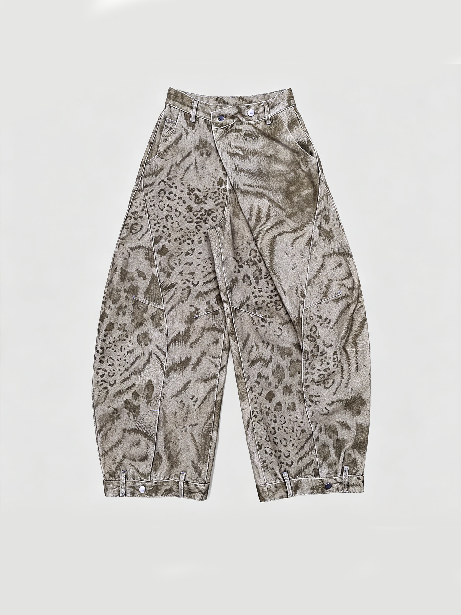HAHAHA Animal Totem Graphic Crossover-Waist Curved Wide-Leg Pants
