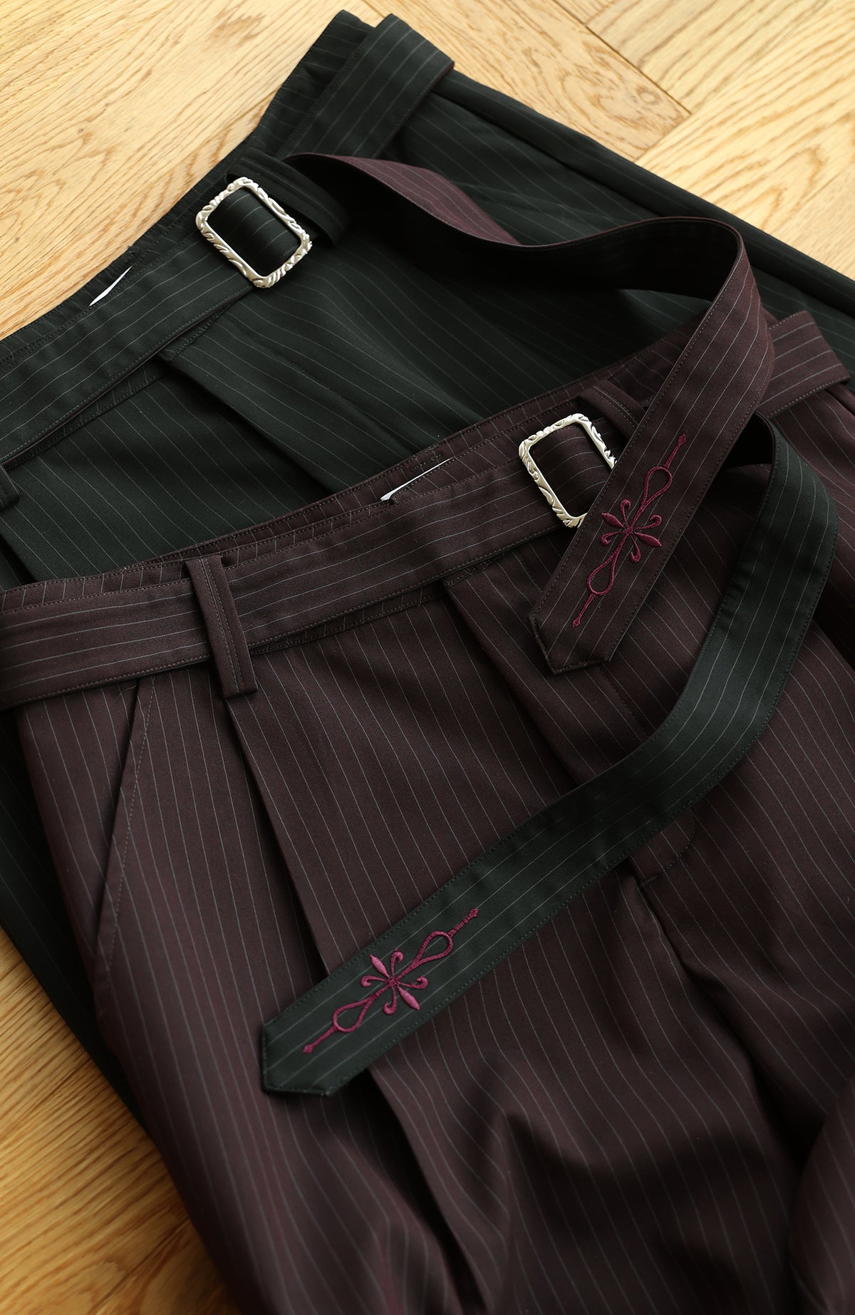 OKAYTHXBYE Striped Embroidered Belted Straight-Leg Trousers