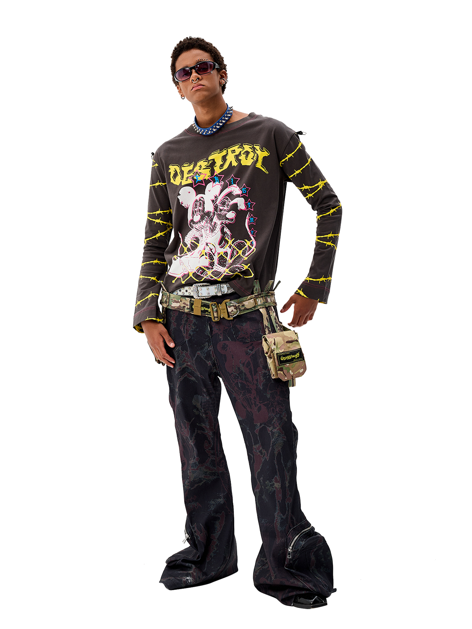 CYCYCY Punk Cartoon Mouse Graphic Long-Sleeve Tee