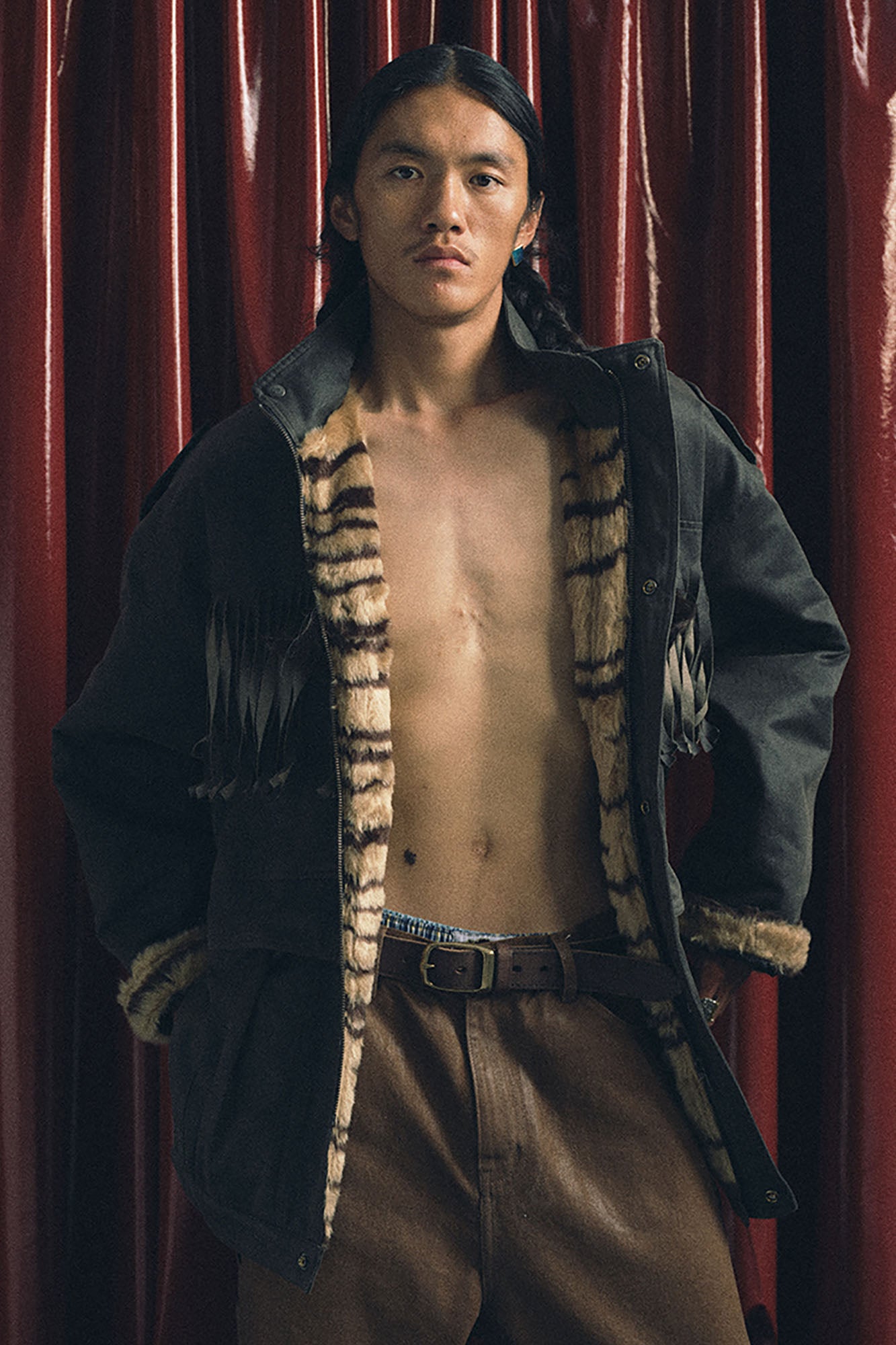 TRECLUB Tiger Stripe Lining Fringe Parka