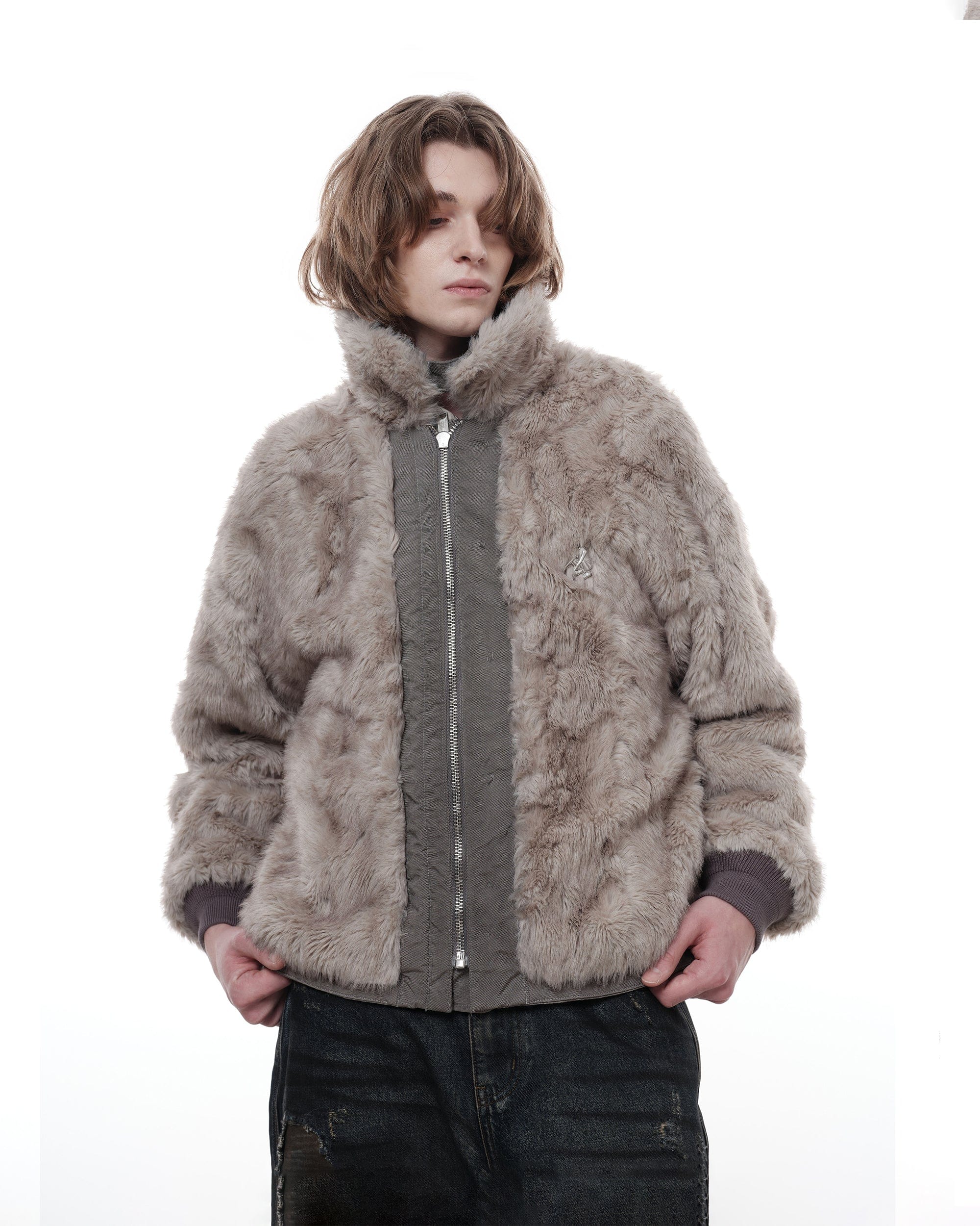 FACEONLAB Distressed Reversible Fuzzy N1 Military Jacket Grey