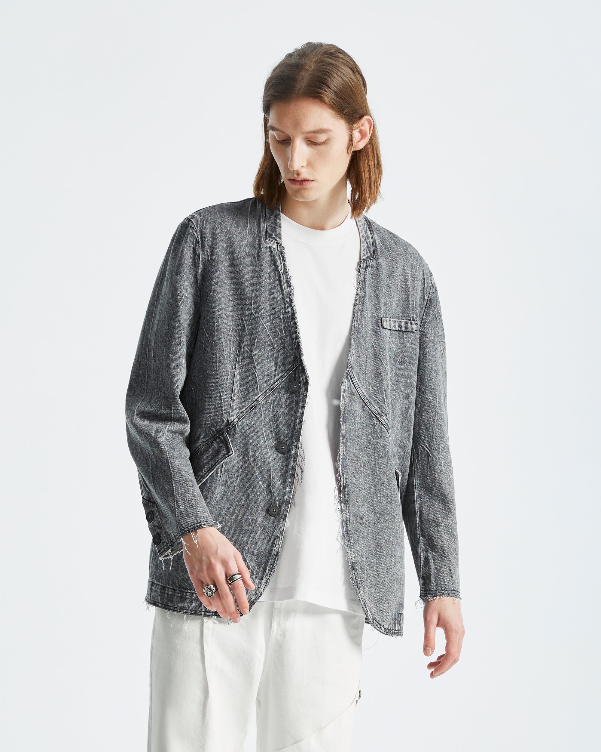 ORGANIC EMOTION Deconstructed Washed Detachable Collar Denim Blazer